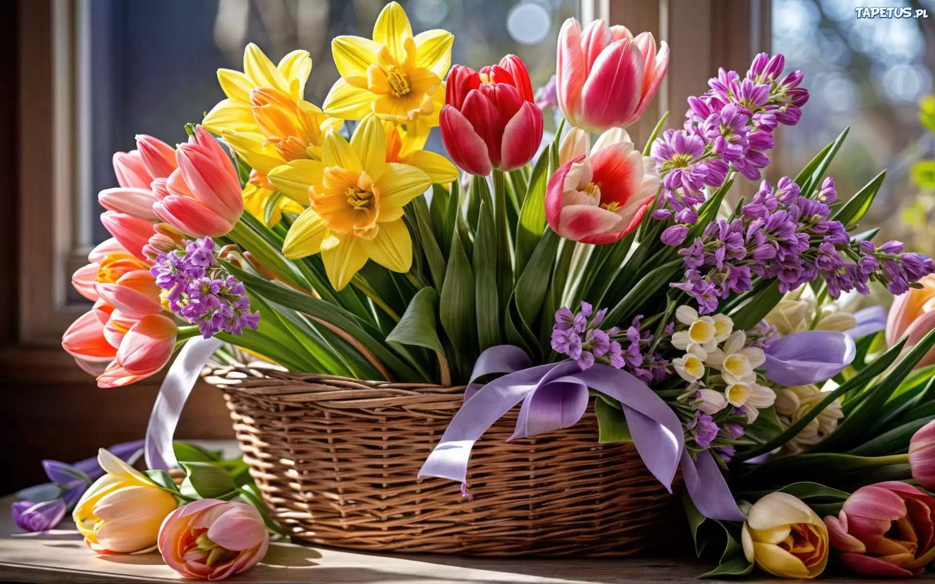 Kwiaty, Żonkile, Tulipany, Koszyk, Okno