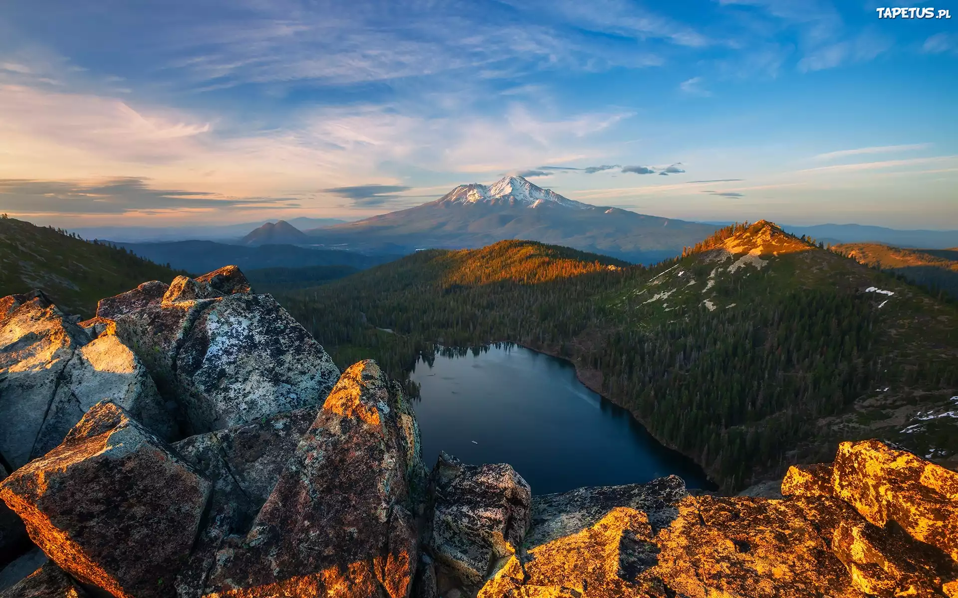 Góry Kaskadowe, Stratowulkan, Góry, Mount Shasta, Jezioro, Heart Lake, Las, Drzewa, Kalifornia, Stany Zjednoczone