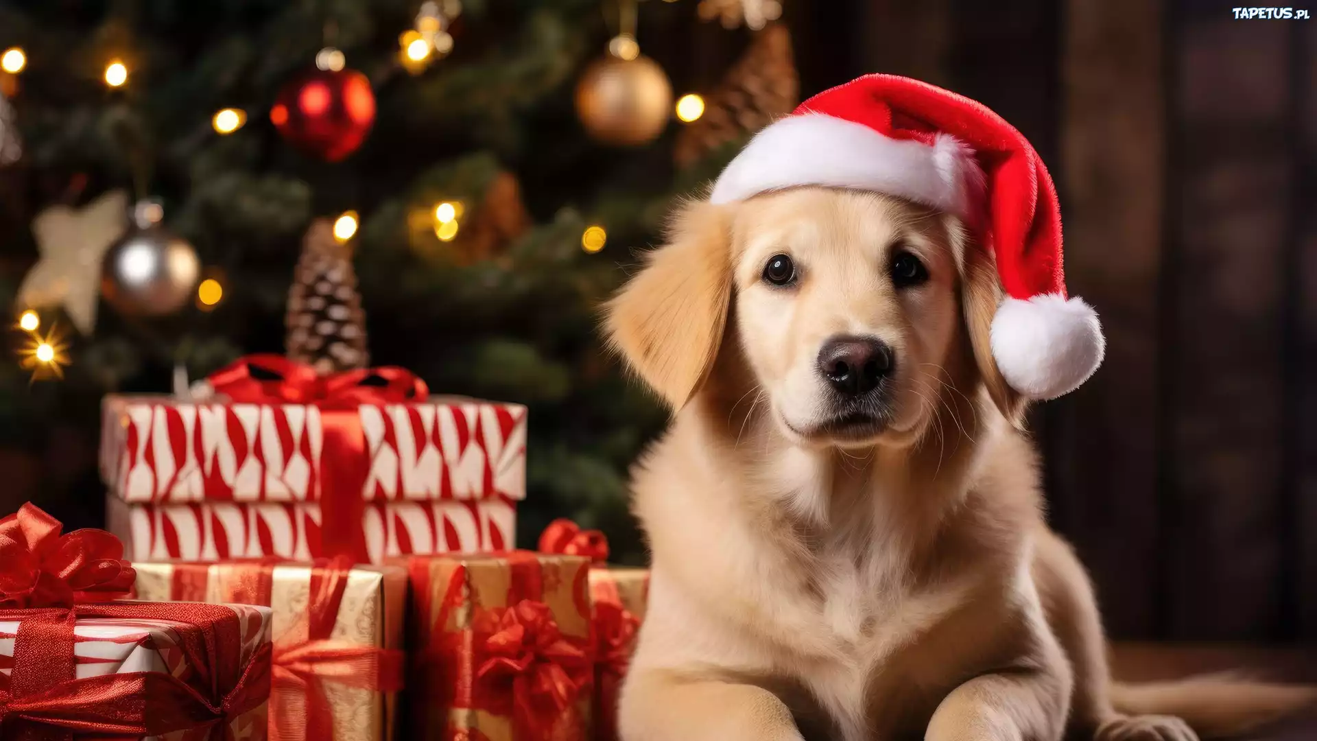 Golden retriever, Pies, Mikołaj, Prezenty