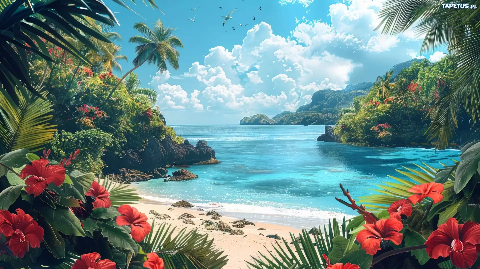 Morze. Plaża, Palmy, Kwiaty, Hibiskus, Roślinność