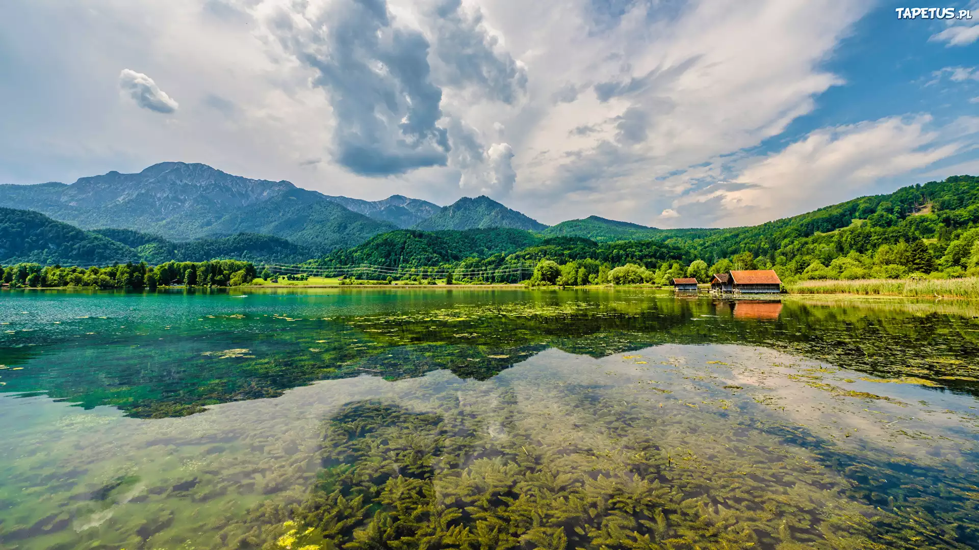 Góry, Las, Domek, Jezioro, Odbicie, Niebo, Cmury