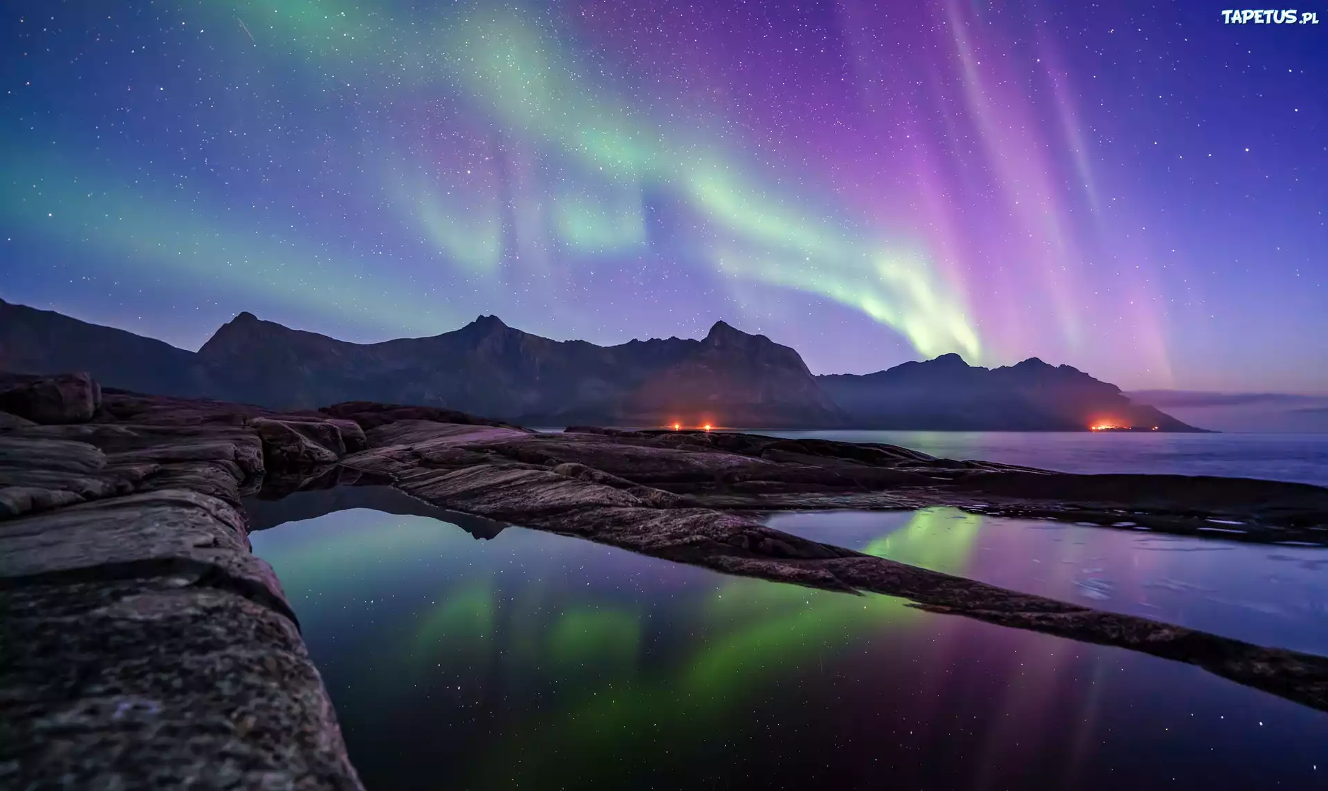 Norwegia, Senja, Morze, Skały, Góry, Zorza polarna