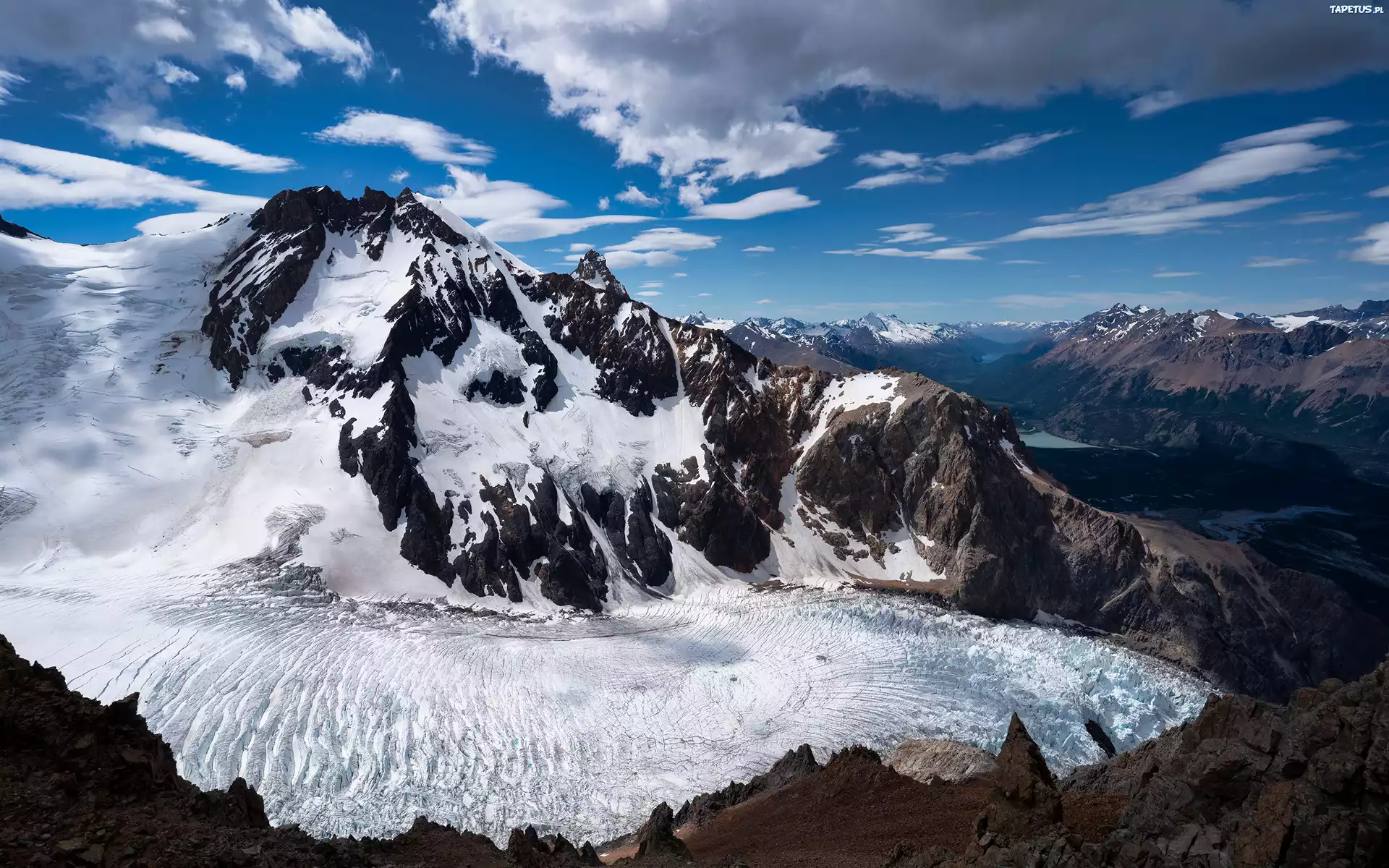 Lodowiec, Glaciar Piedras Blancas, Góry, Śnieg, Niebo, Chmury, Patagonia, Argentyna