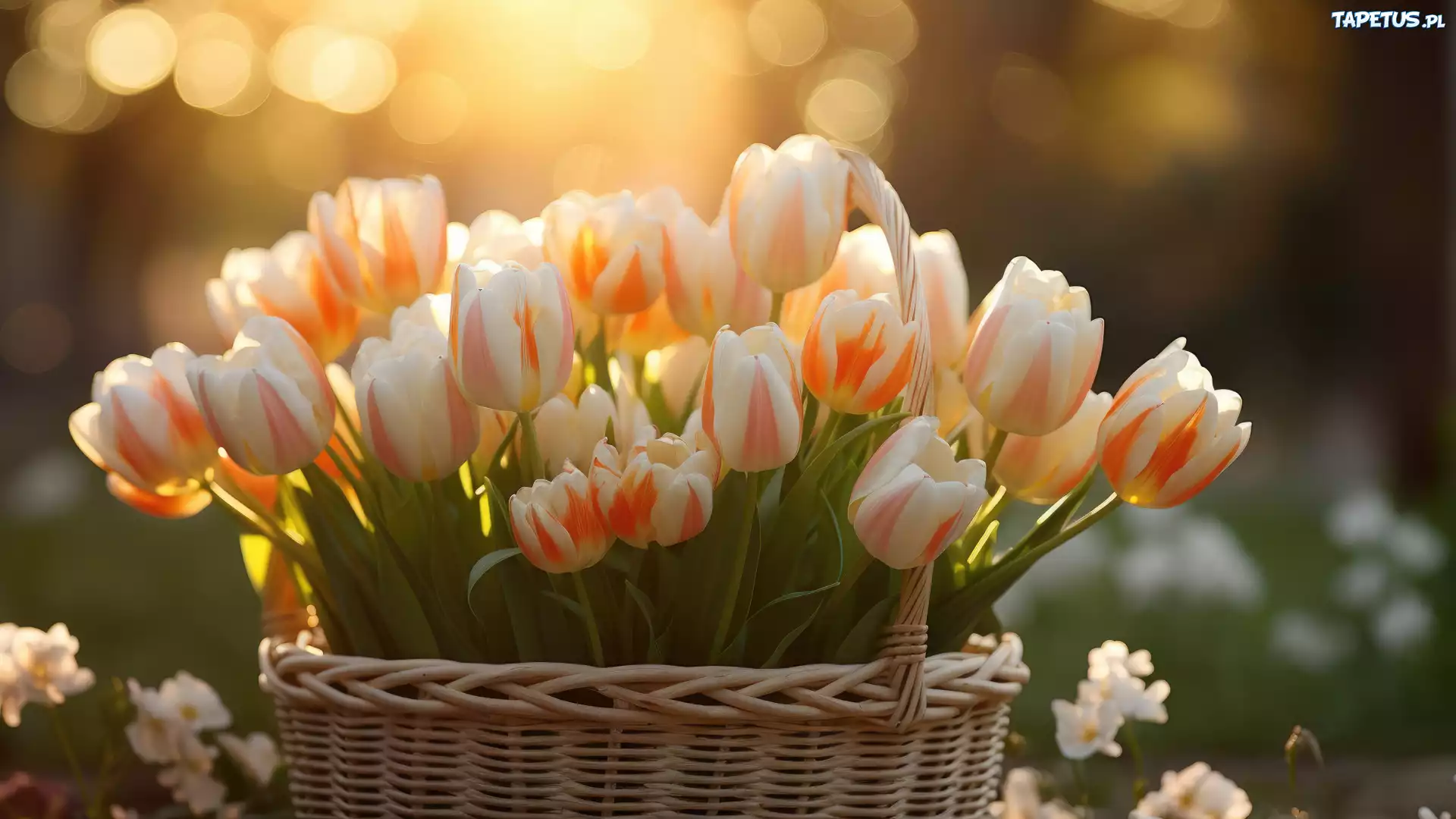 Kwiaty, Dwukolorowe, Tulipany, Bukiet, Tulipany, Koszyk, Wiklinowy