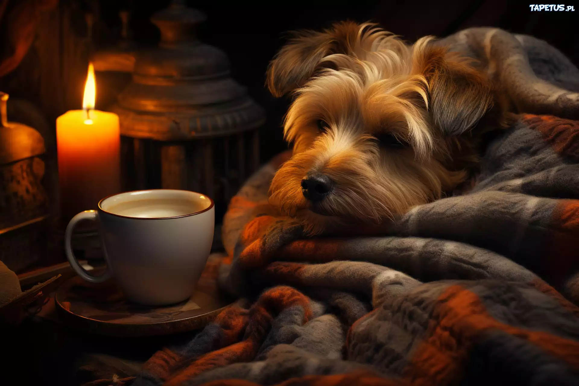 Pies, Yorkshire Terrier, Koc, Świeca, Kawa