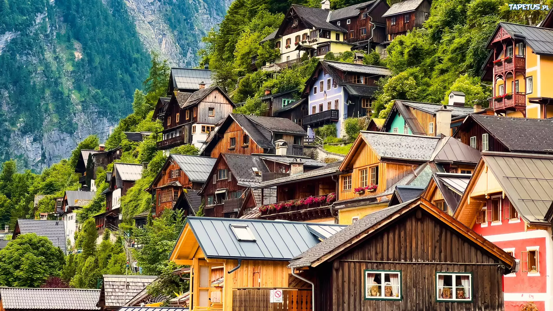 Austria, Hallstatt, Domy, Góry, Drzewa