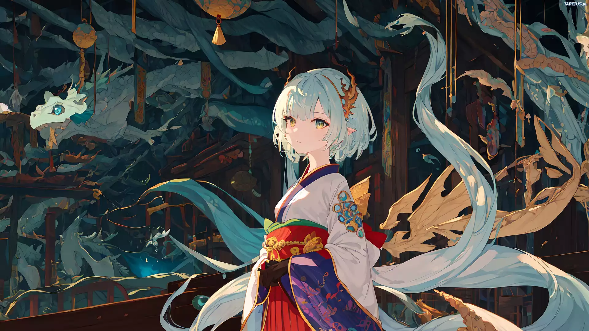 Dziewczyna, Kimono, Biżuteria, Rękawiczki, Smok, Anime
