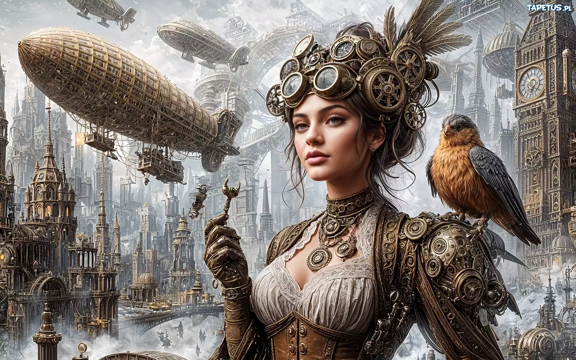 Fantasy, Steampunk, Kobieta, Wieżowce, Ptak