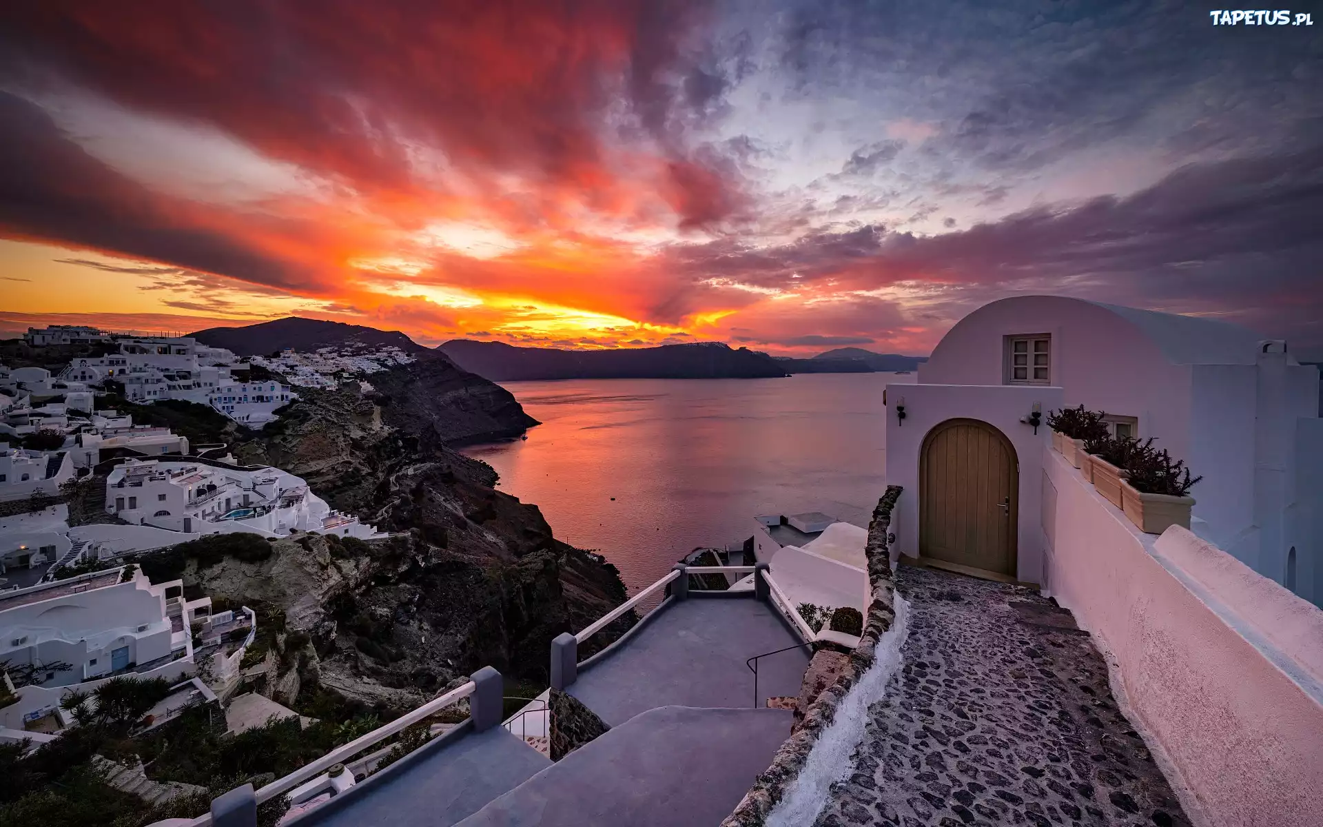 Zachód słońca, Morze, Domy, Santorini, Grecja