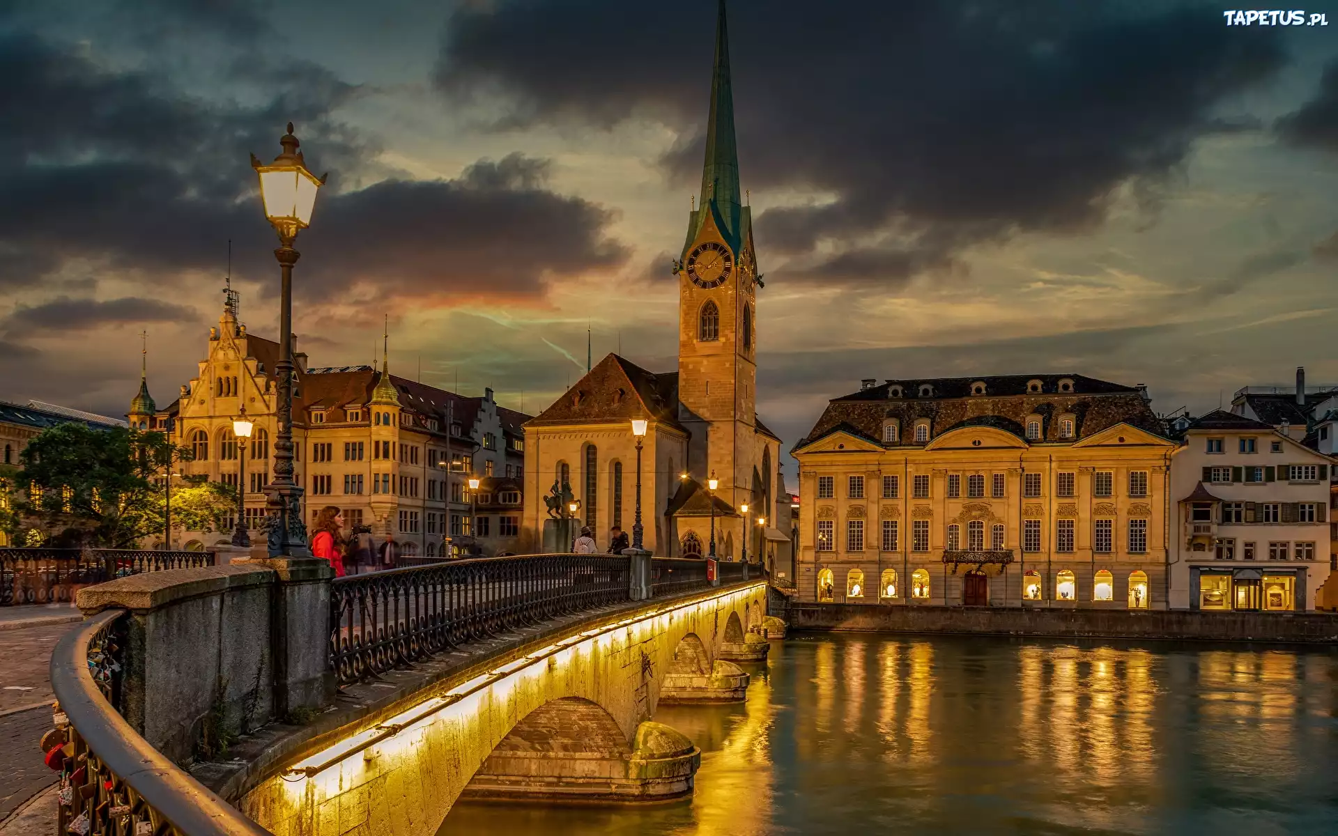 Szwajcaria, Zurych, Rzeka Limmat, Podświetlony, Most, Domy, Latarnia