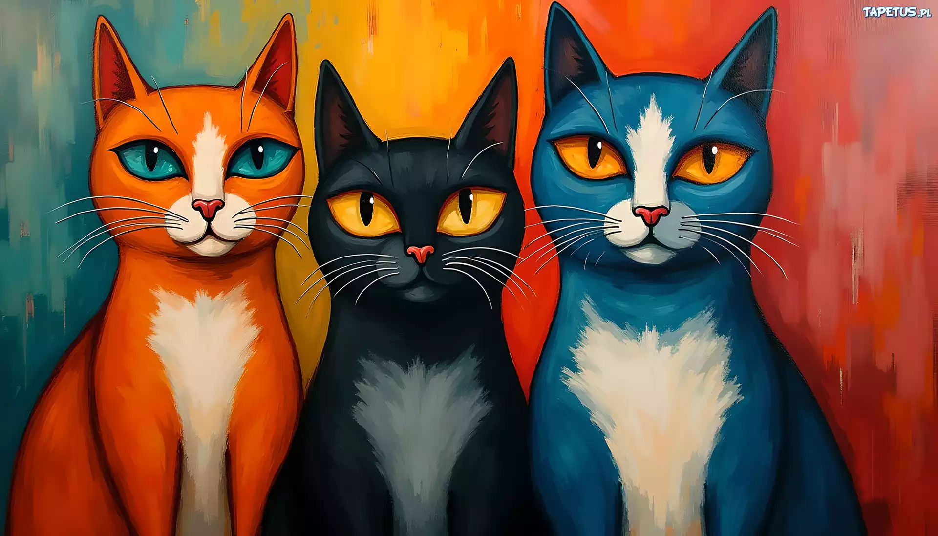 Kolorowe, Koty, Obraz, Grafika