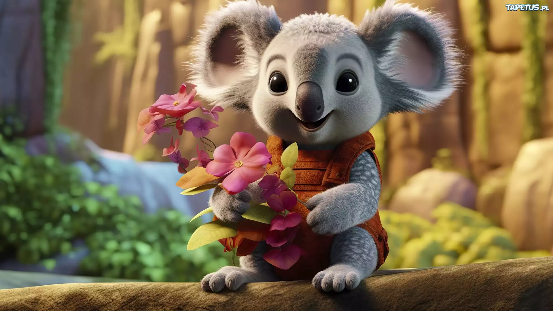 Bajkowy, Miś, Koala, Kwiaty, Grafika