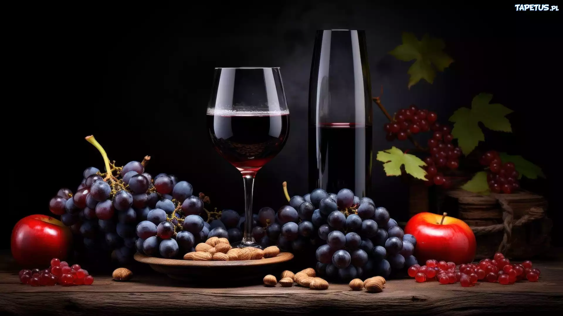Grafika, Wino, Kieliszek, Winogrona, Jabłka, Migdały