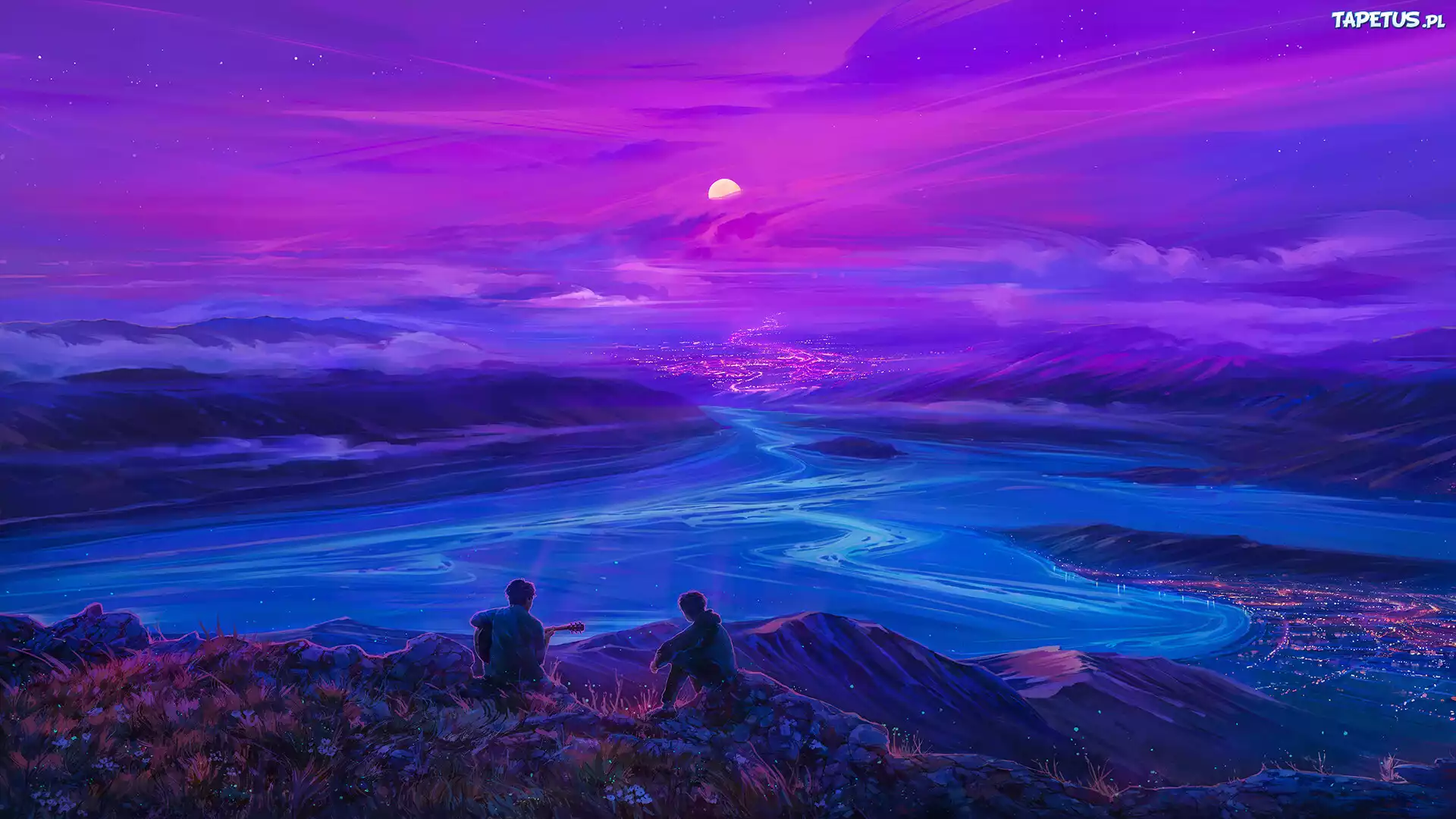 Grafika, Postacie, Zachód słońca, Rzeka, Niebo