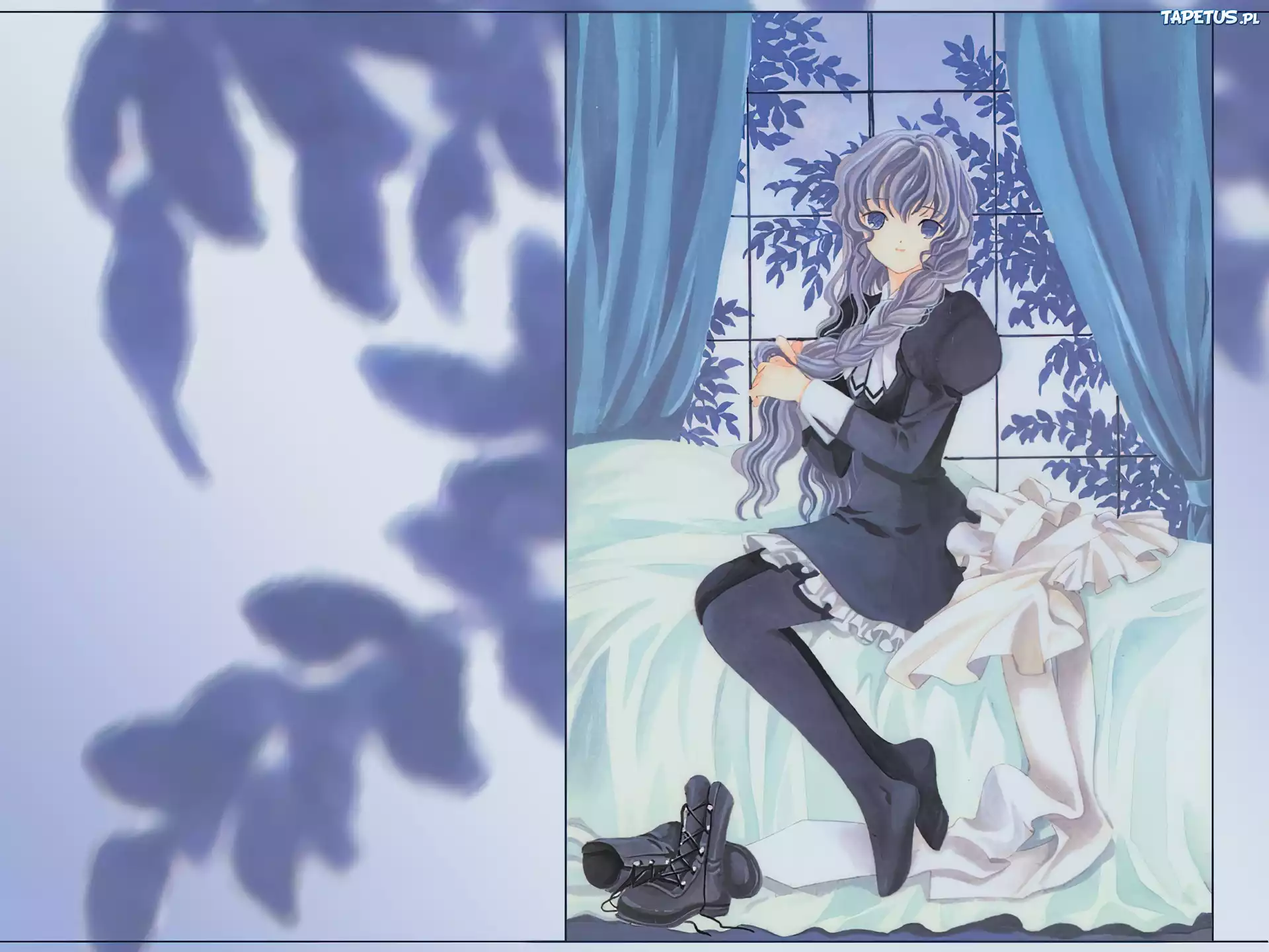 Chobits, buty, łóżko, dziewczyna, siedzi, zasłony, okno