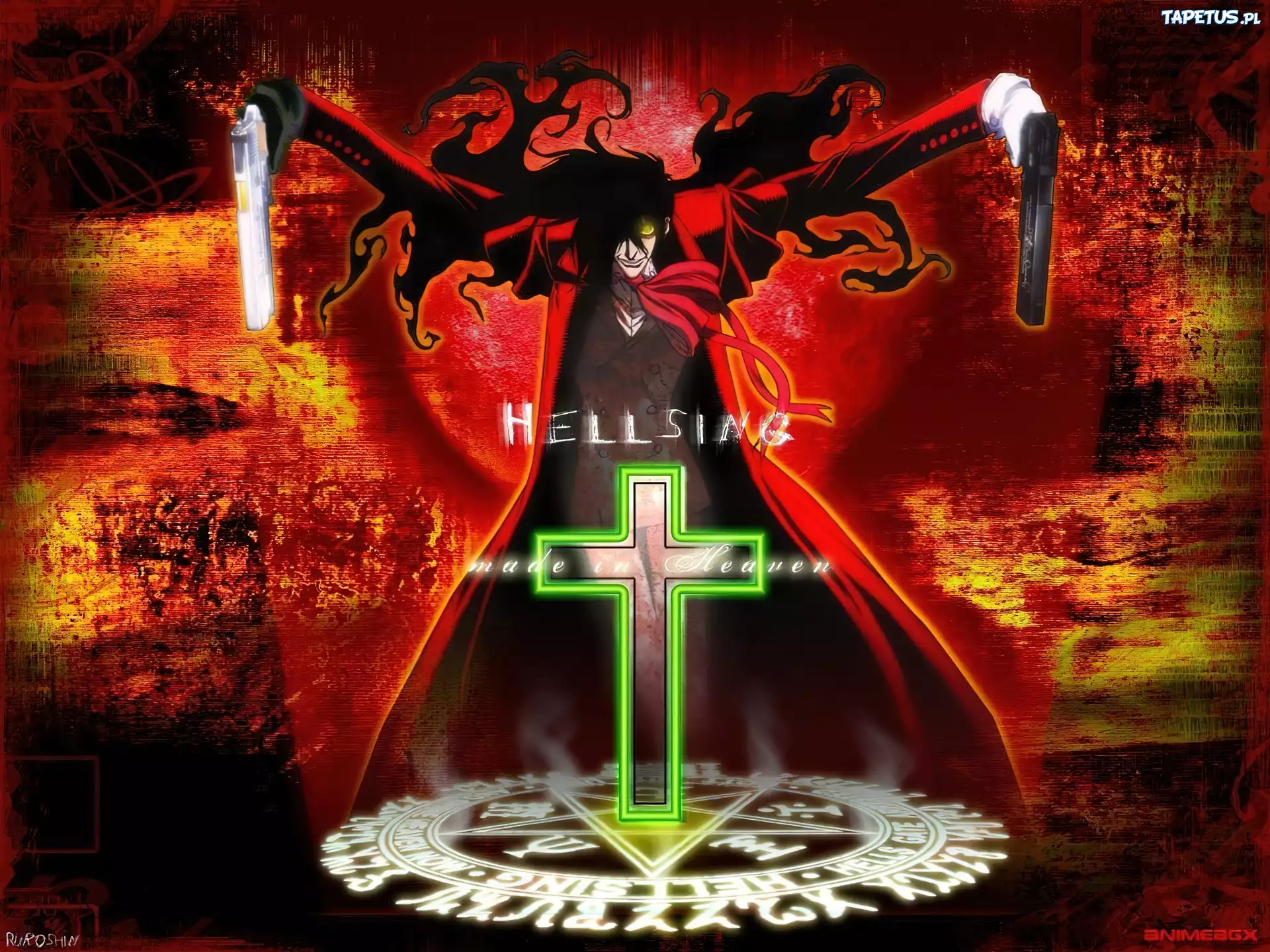 Hellsing, płaszcz, postać, krzyż, pistolety