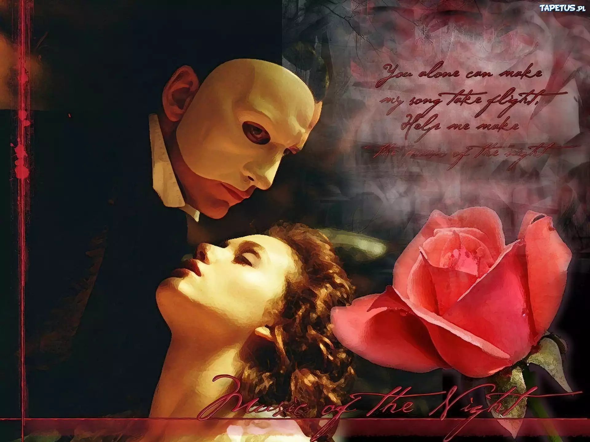 róża, Phantom Of The Opera, Gerard Butler, Emmy Rossum, maska, napis