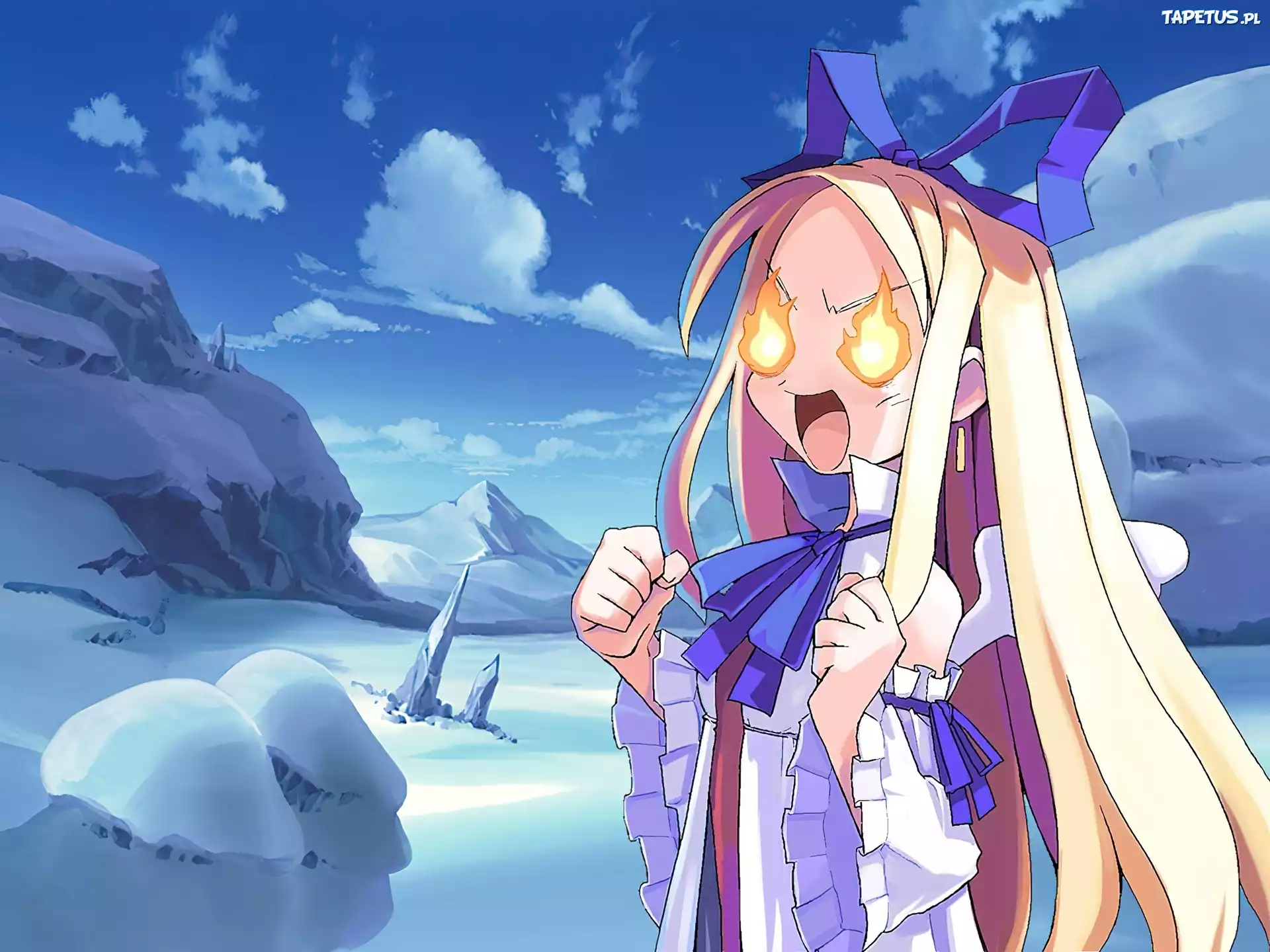Disgaea, płomienie, zima, dziewczyna, skały