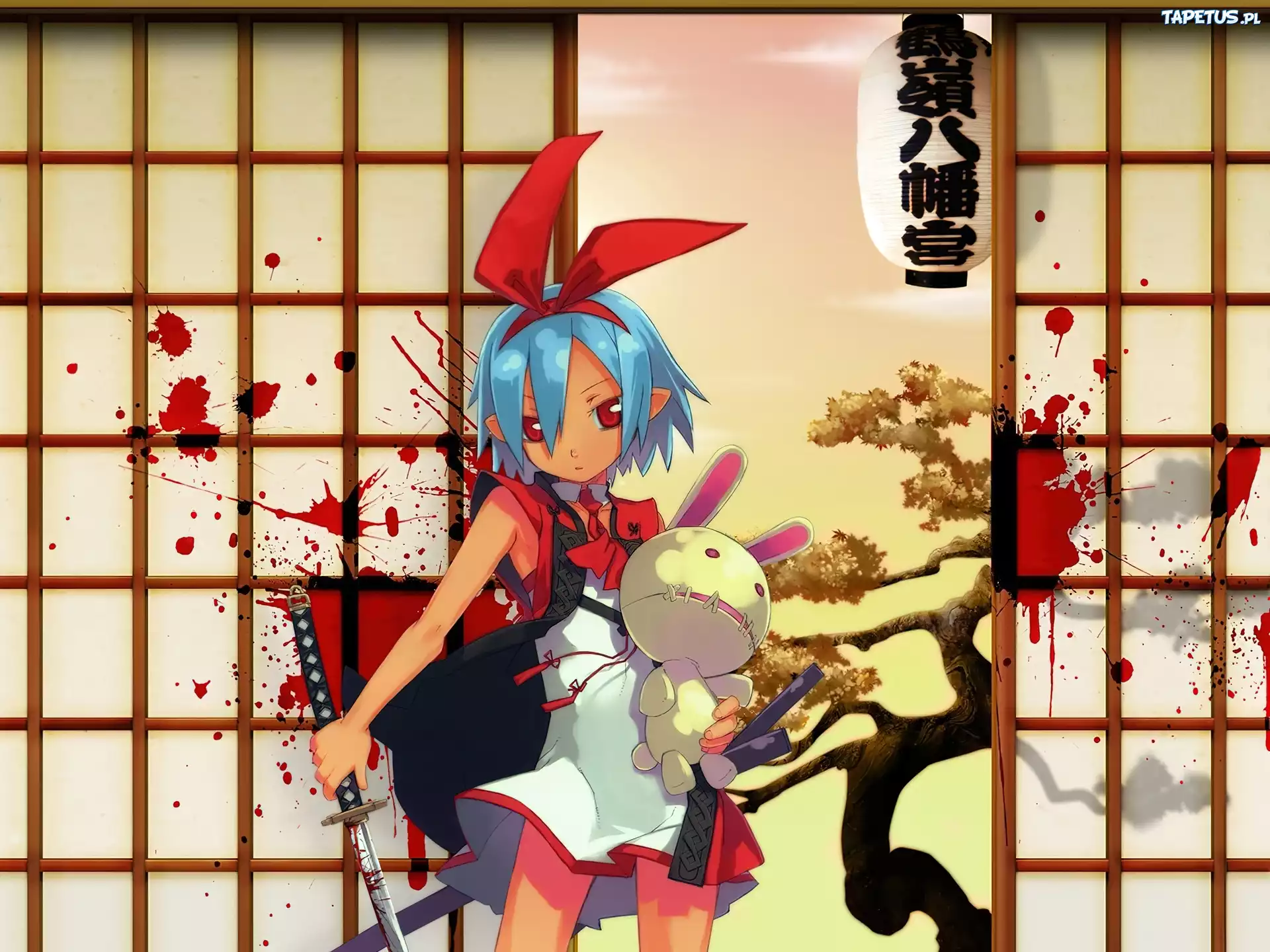 Disgaea, królik, miecz, krew, drzewo, szyby