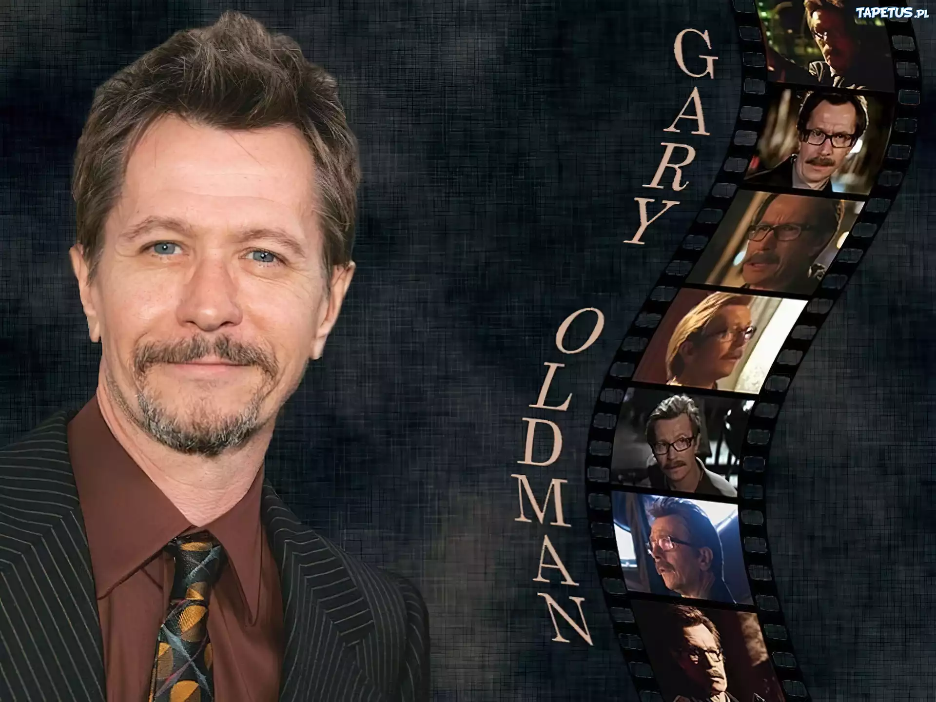 Gary Oldman, brązowa koszula, krawat