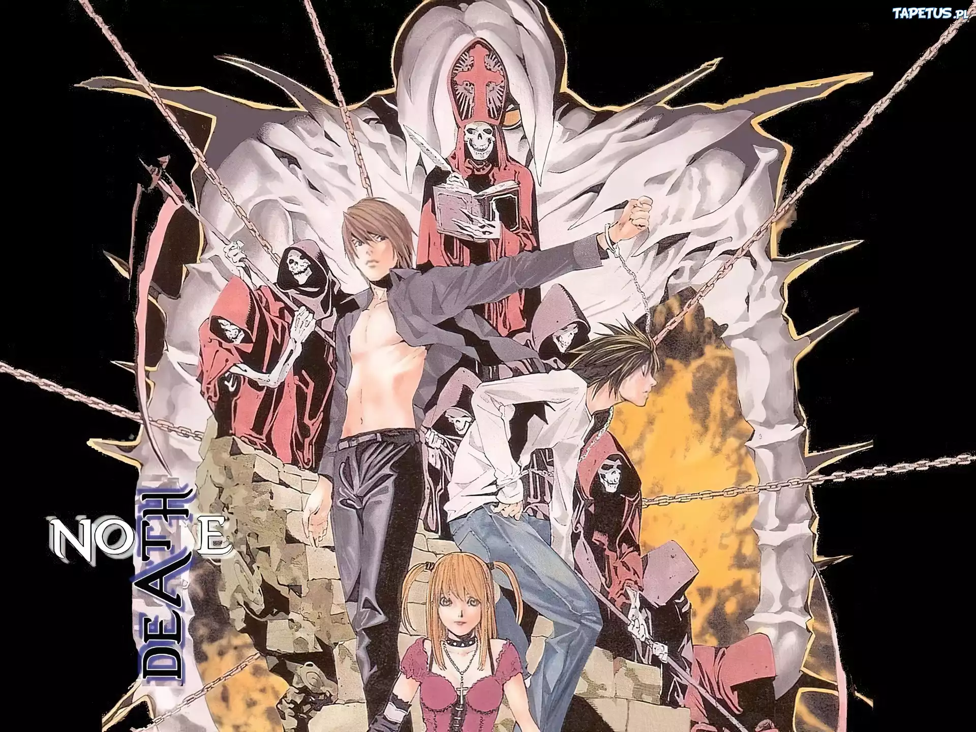 Death Note, szkielety, ludzie, śmierć, łańcuchy, kobieta, napisy
