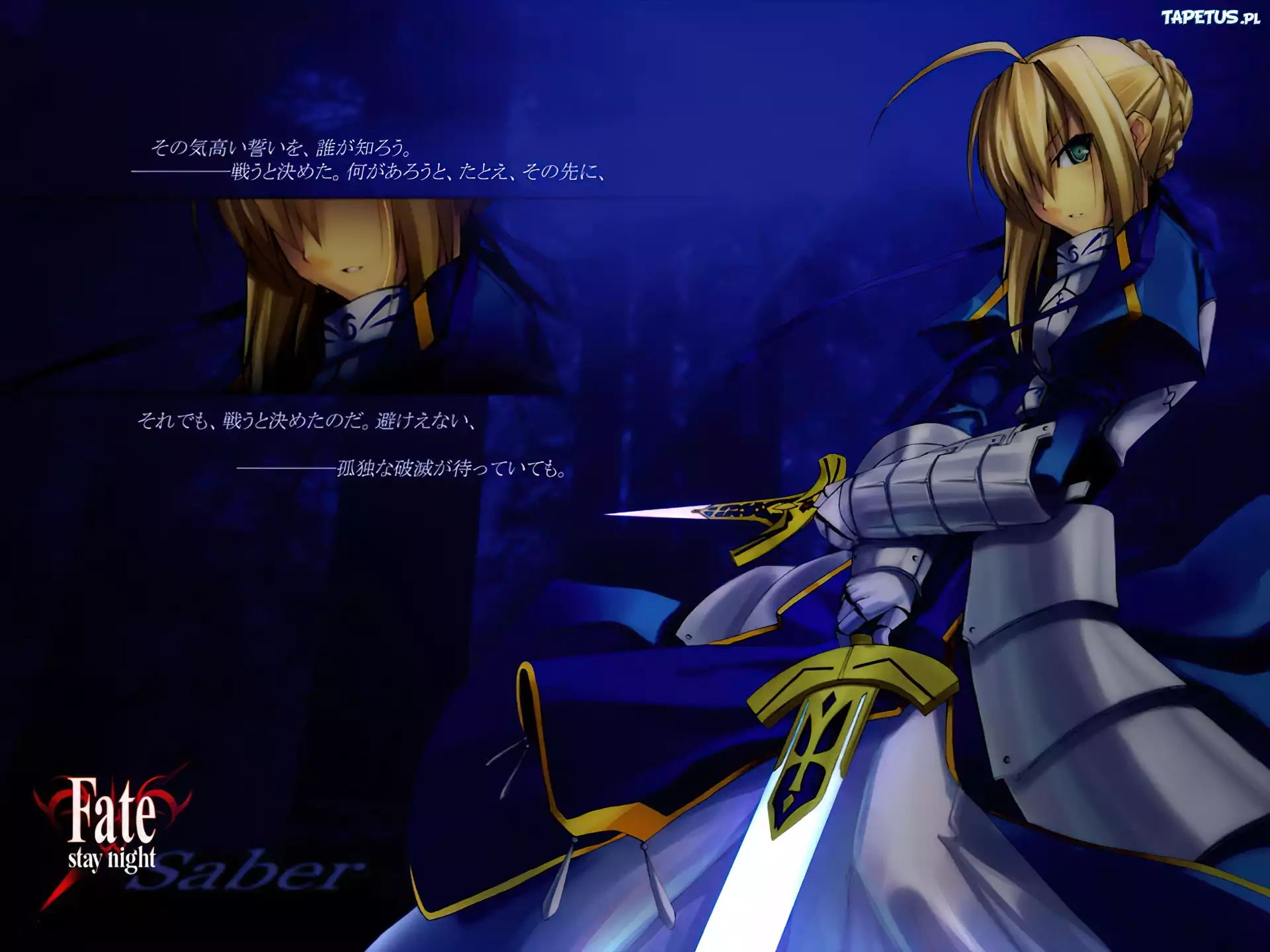 Fate Stay Night, kobieta, miecz, napis, logo