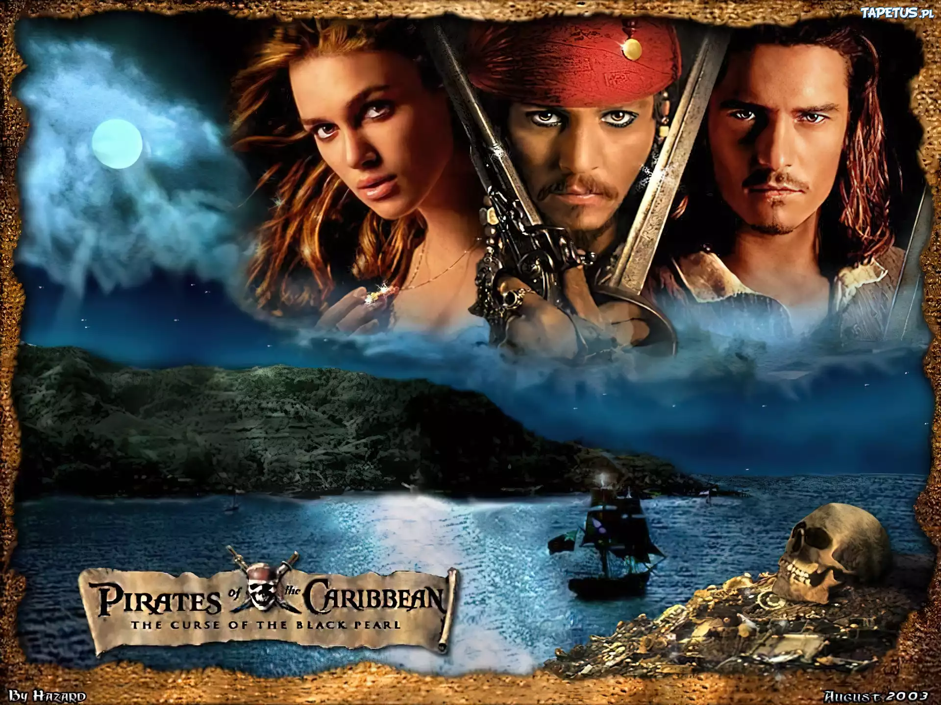Piraci Z Karaibow Johnny Depp, Keira Knightley, Orlando Bloom, księżyc, woda