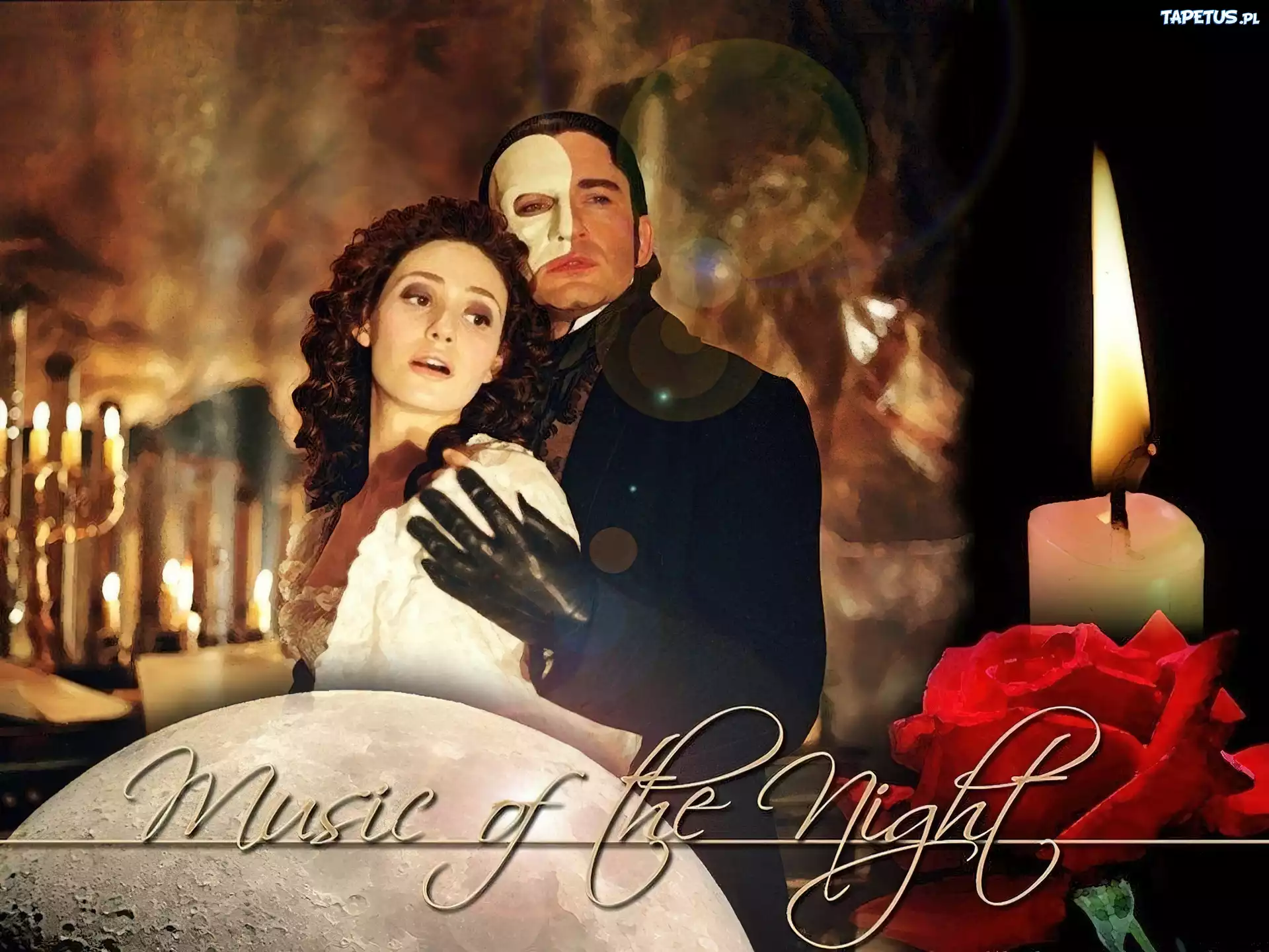 Phantom Of The Opera, Gerard Butler, Emmy Rossum, rękawiczki, świece, róża