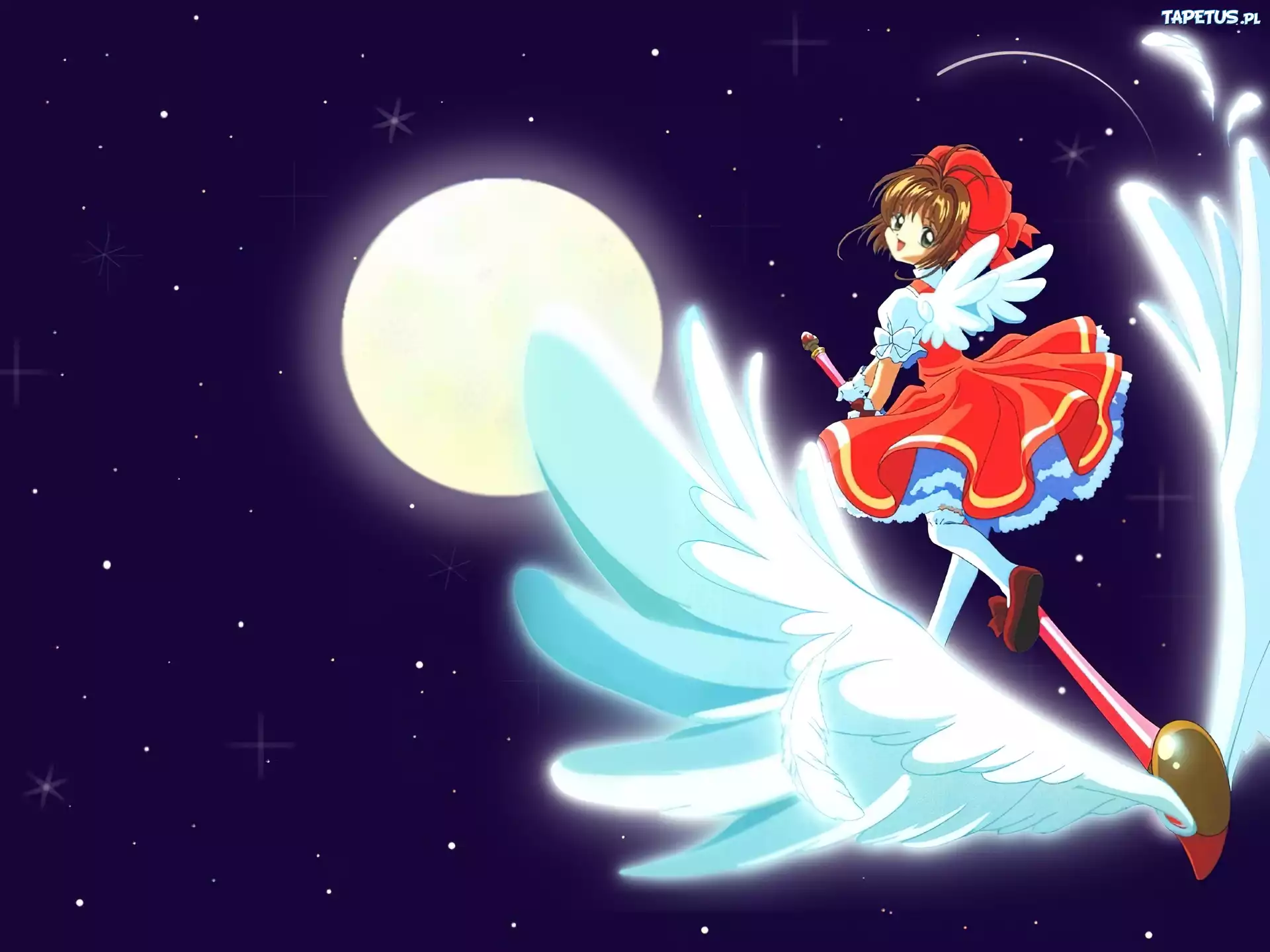 Cardcaptor Sakura, księżyc, skrzydła, kobieta, kij