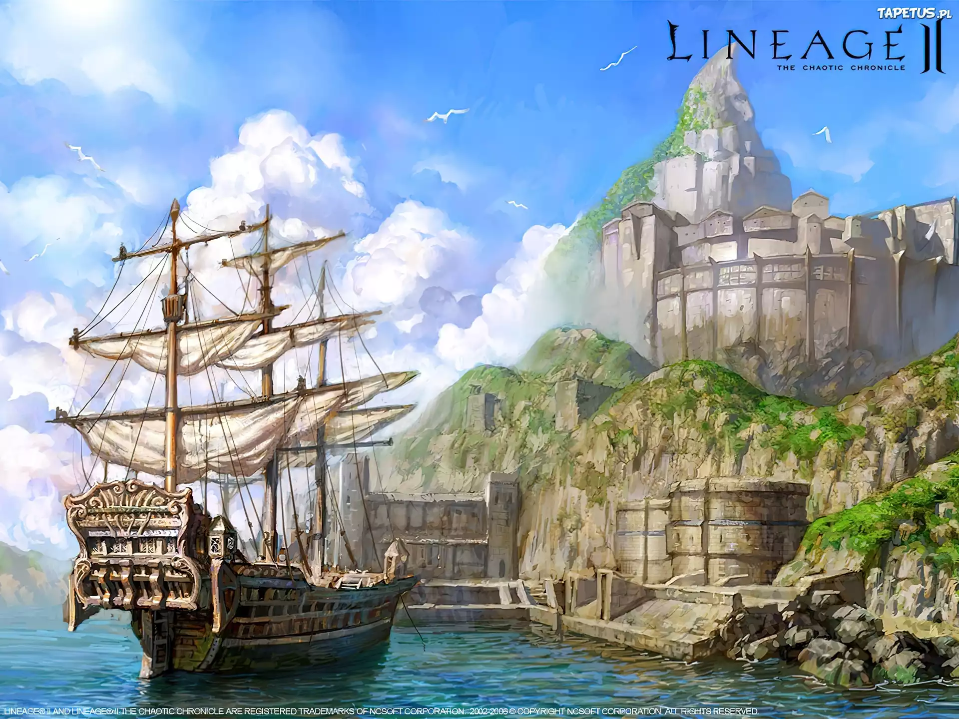Lineage 2, statek, żaglowiec, miasto, morze
