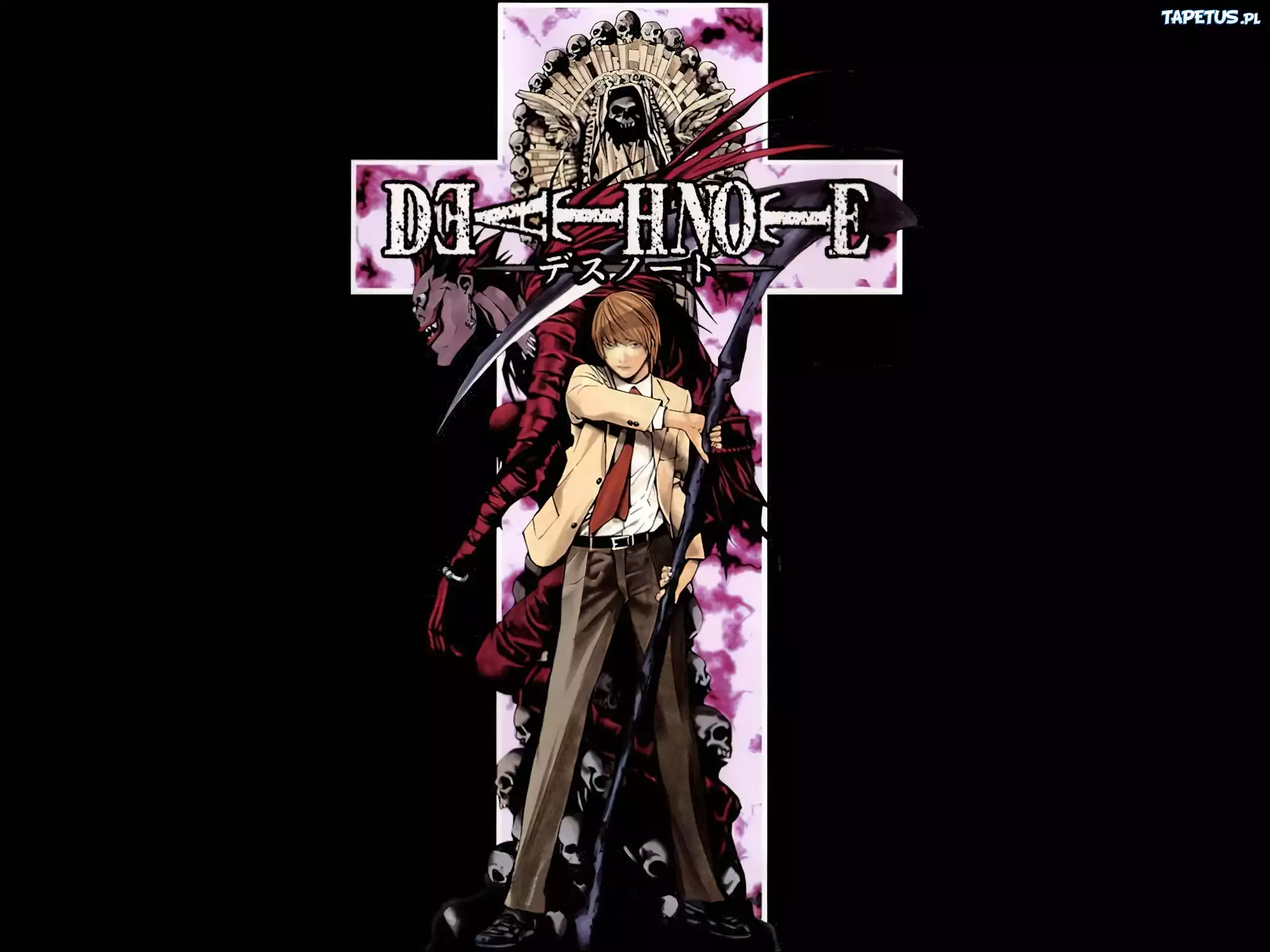 Death Note, marynarka, chłopak, krzyż, kosa, potwór