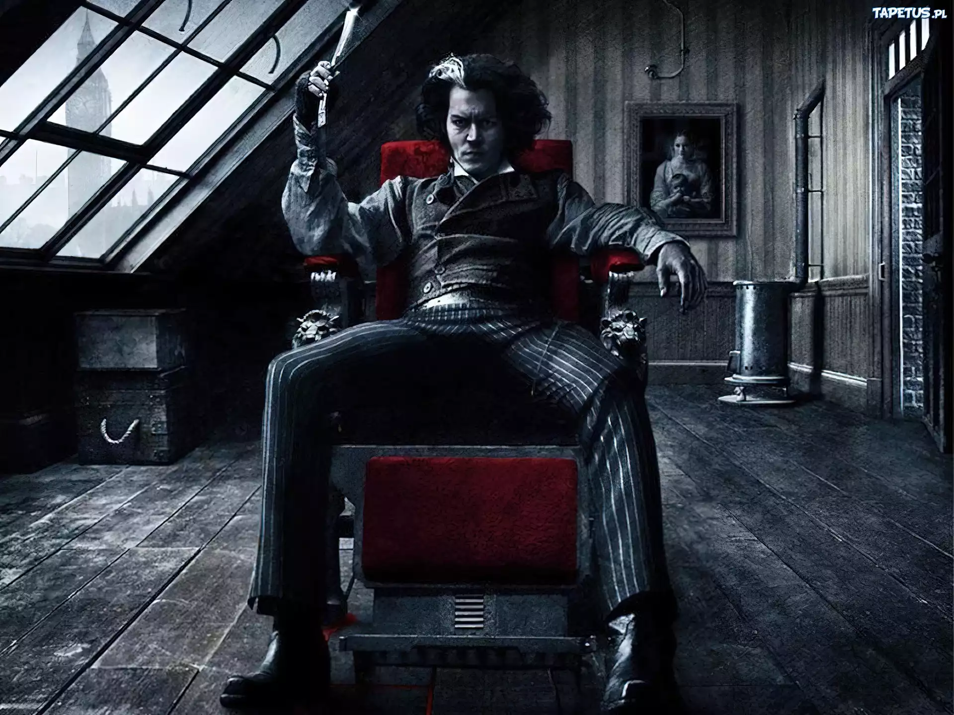 Sweeney Todd, Johnny Depp, poddasze, pokój, siedzi, fotel