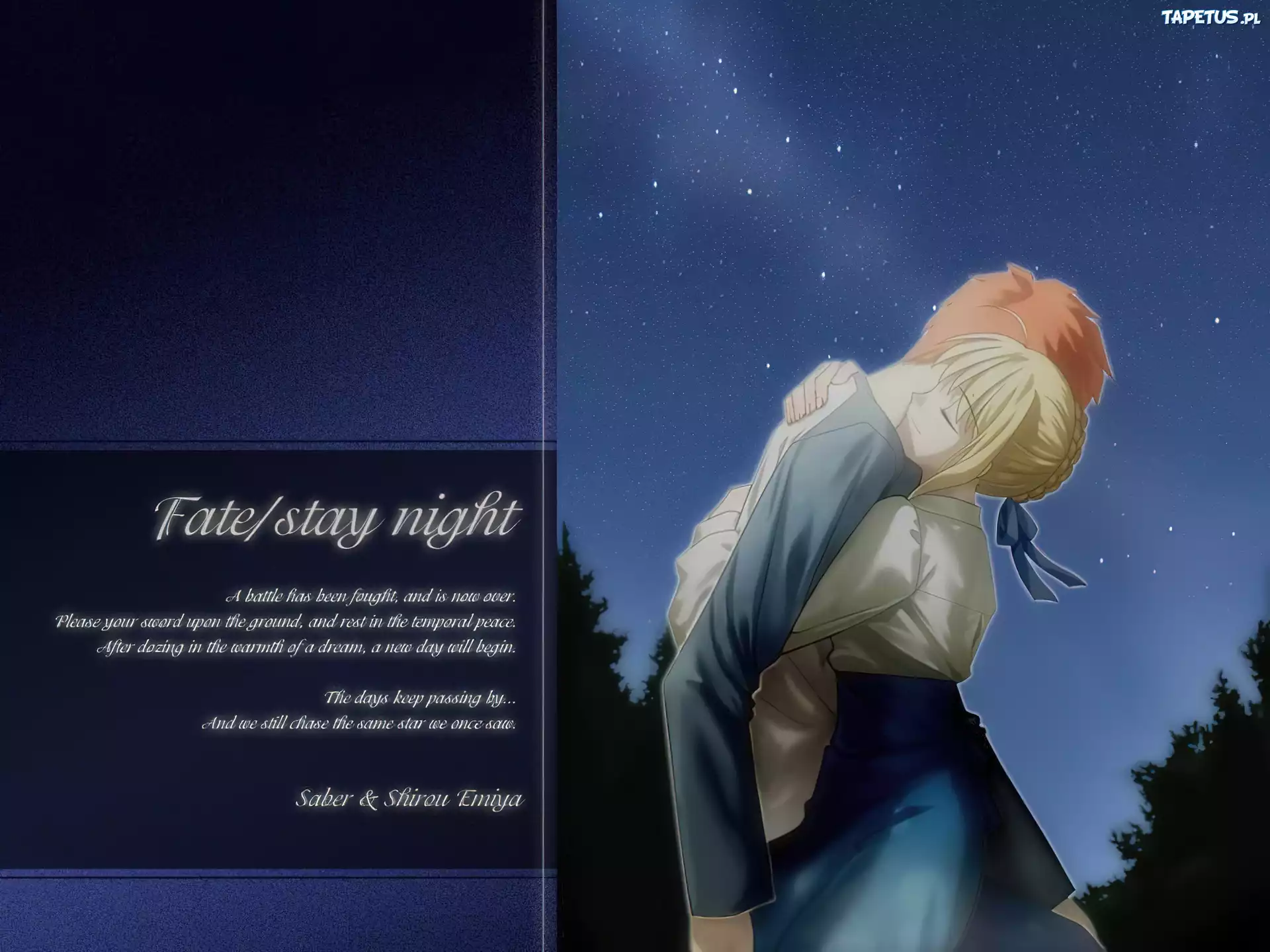 Fate Stay Night, przytulenie, ludzie , noc, niebo