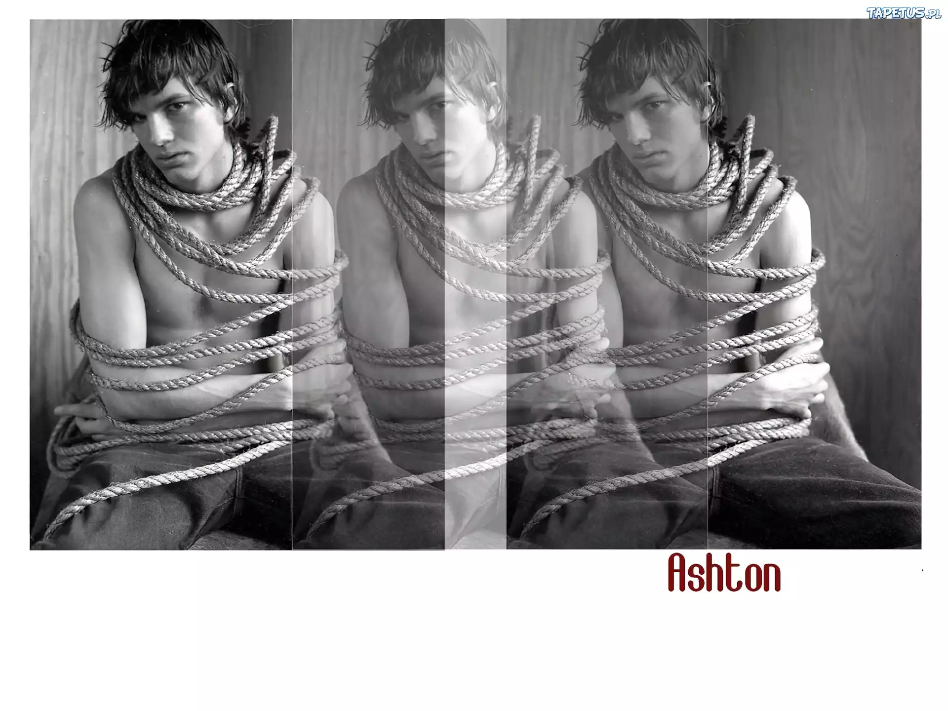 Ashton Kutcher,związany, sznurem