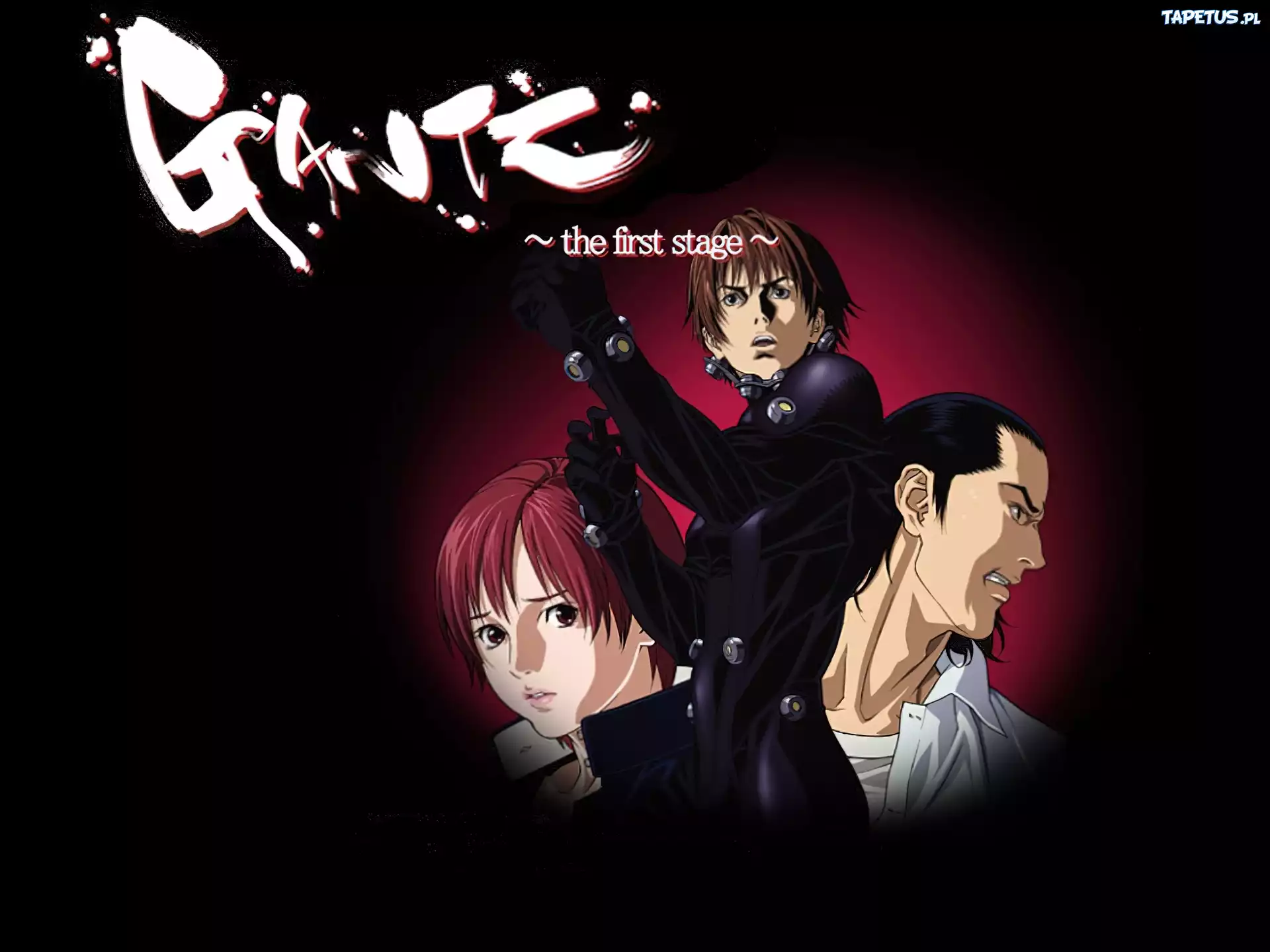 Gantz, ludzie, twarze, napis