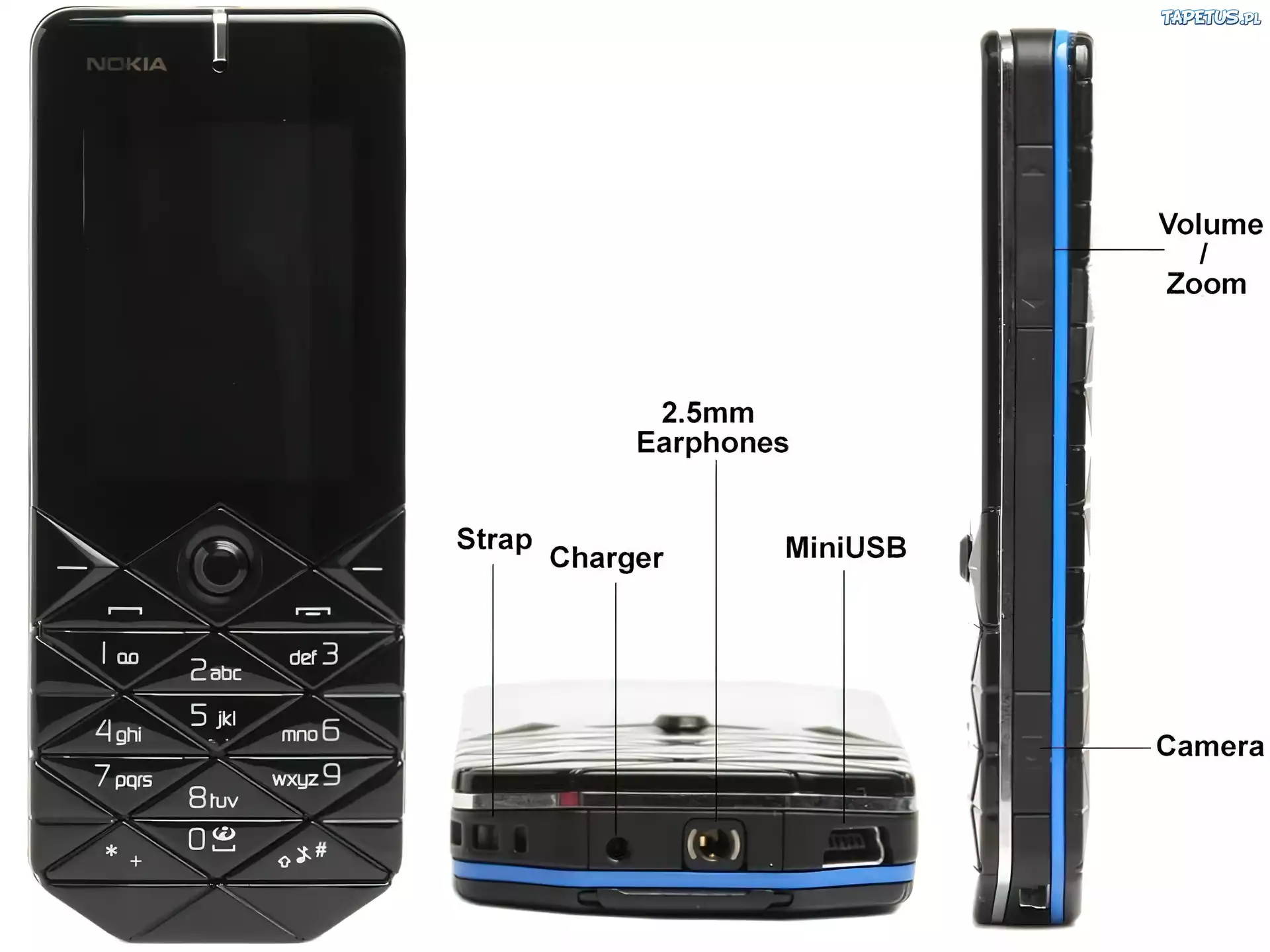 Nokia 7500, Opis, Przód, Dół, Bok