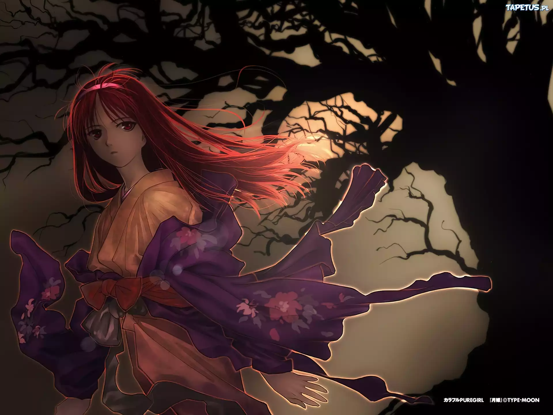 Shingetsutan Tsukihime, czerwone włosy, drzewo