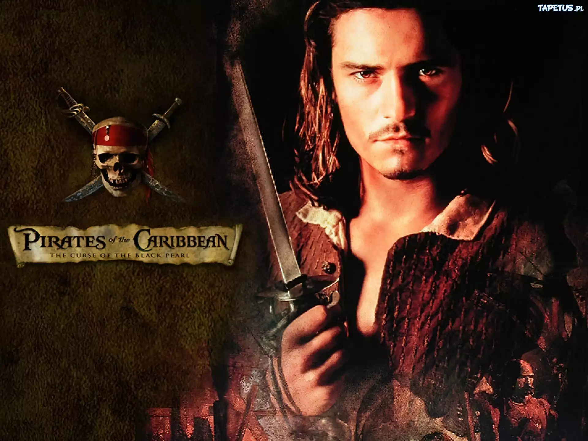 szabla, czaszka, Piraci Z Karaibów, Orlando Bloom