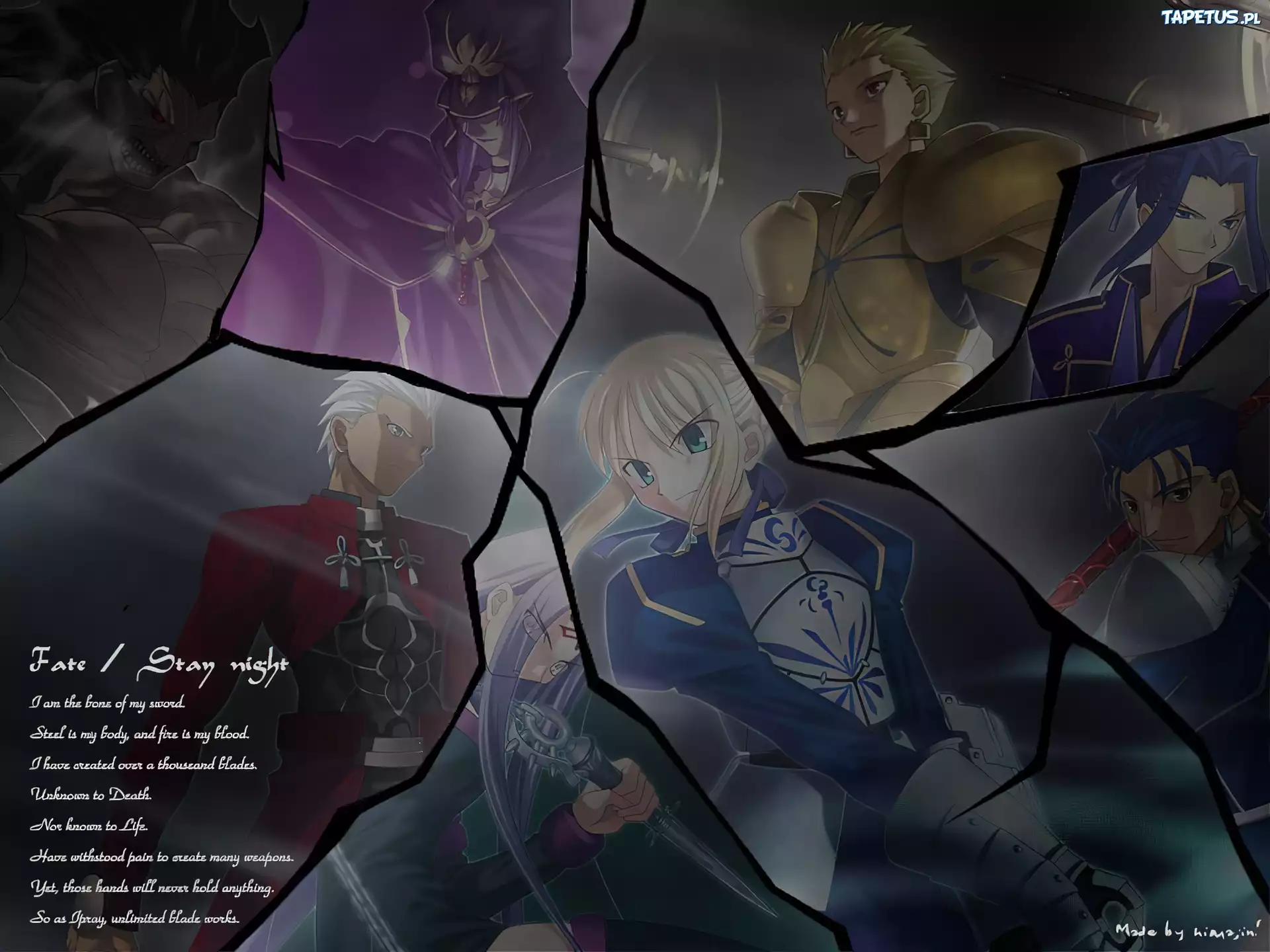 Fate Stay Night, zbite szkło, ludzie, postacie, napisy