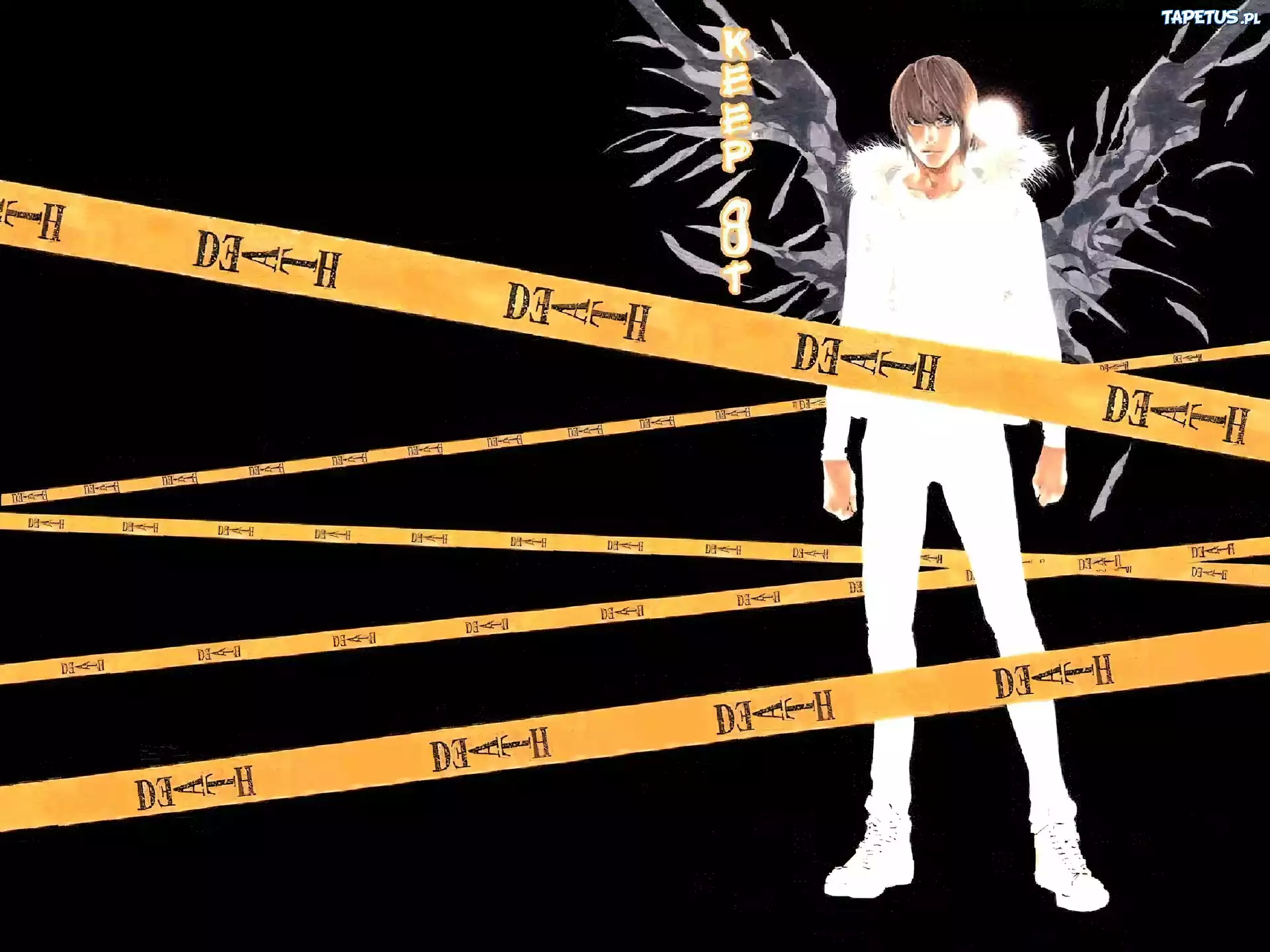 Death Note, postać, skrzydła, taśmy, napisy