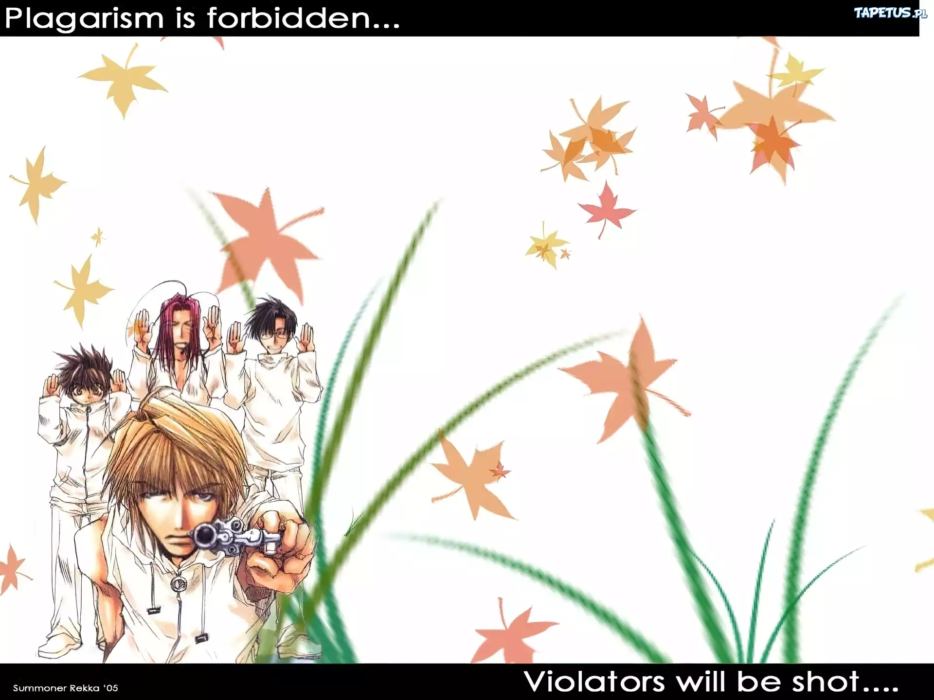 Saiyuki, ludzie, pistolet, liście