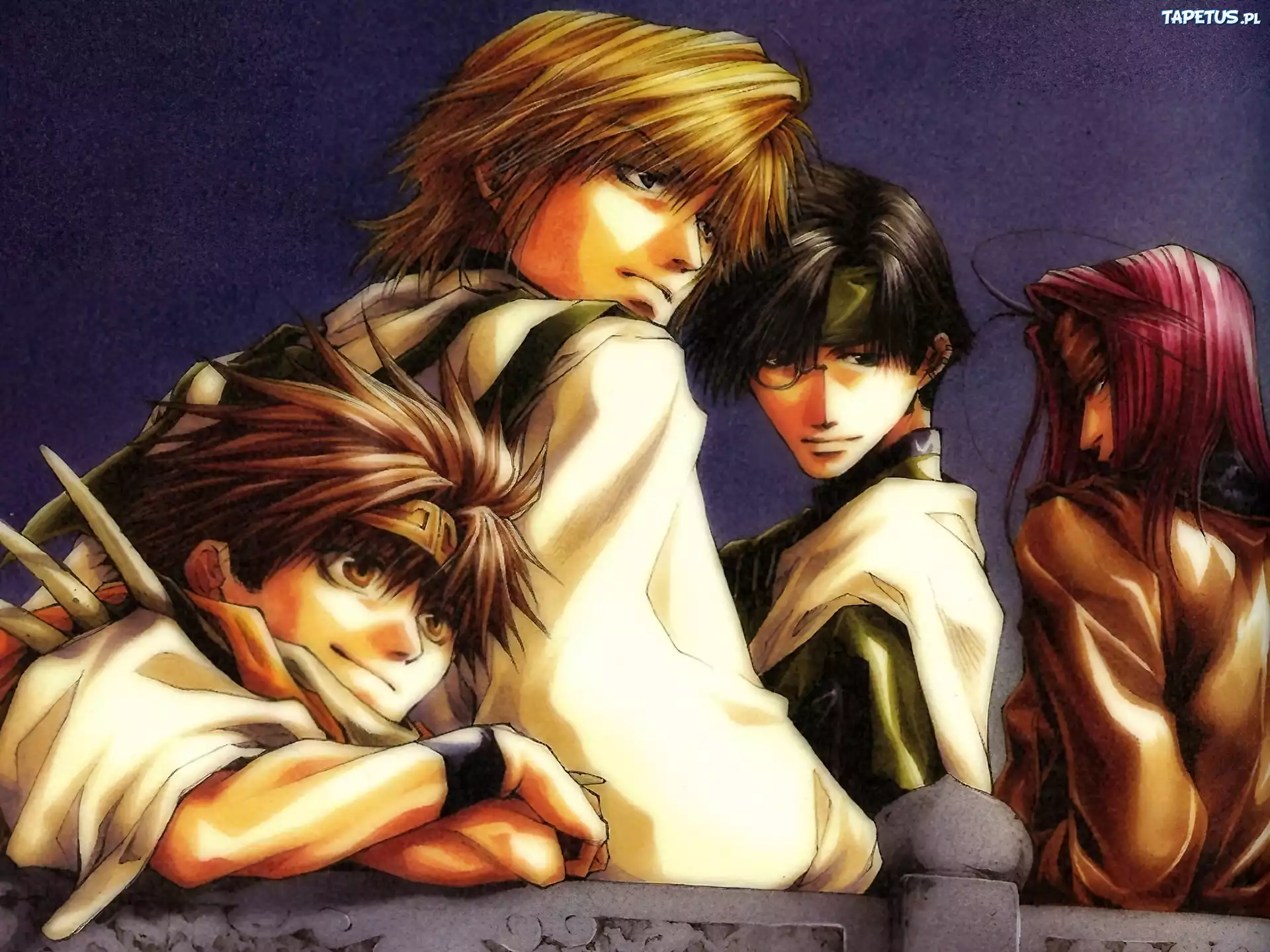 Saiyuki, fioletowe tło, postacie