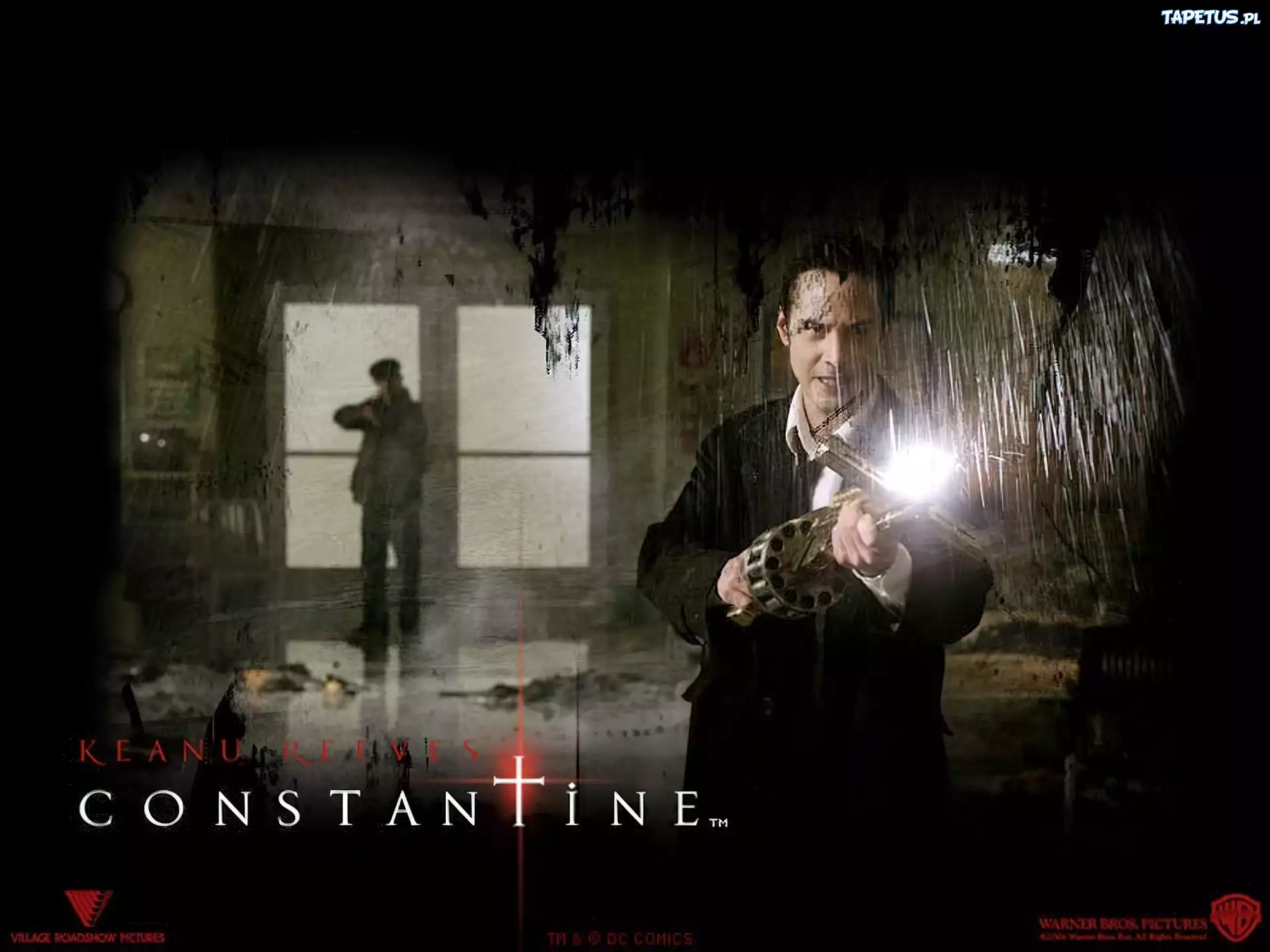 Constantine, Keanu Reeves, pistolet, okno