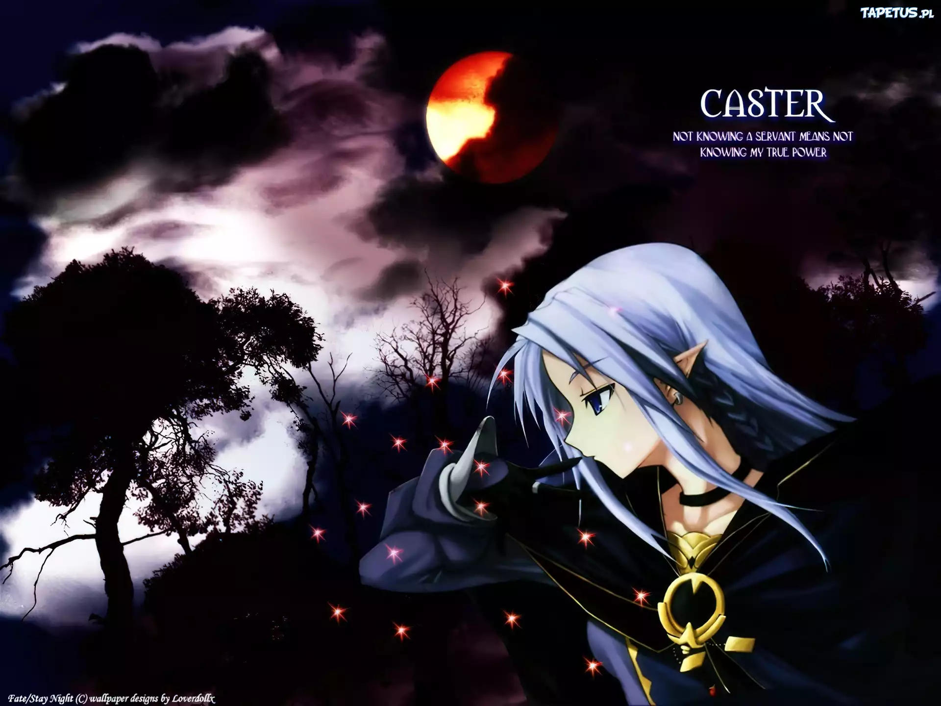 Fate Stay Night, noc, księżyc, kobieta, drzewa