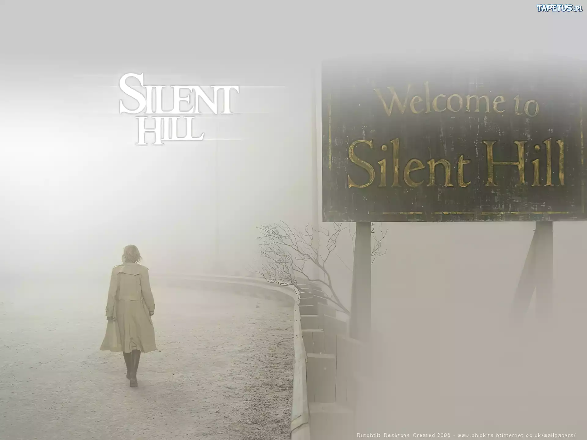 Silent Hill, mgła, droga, szyld, kobieta