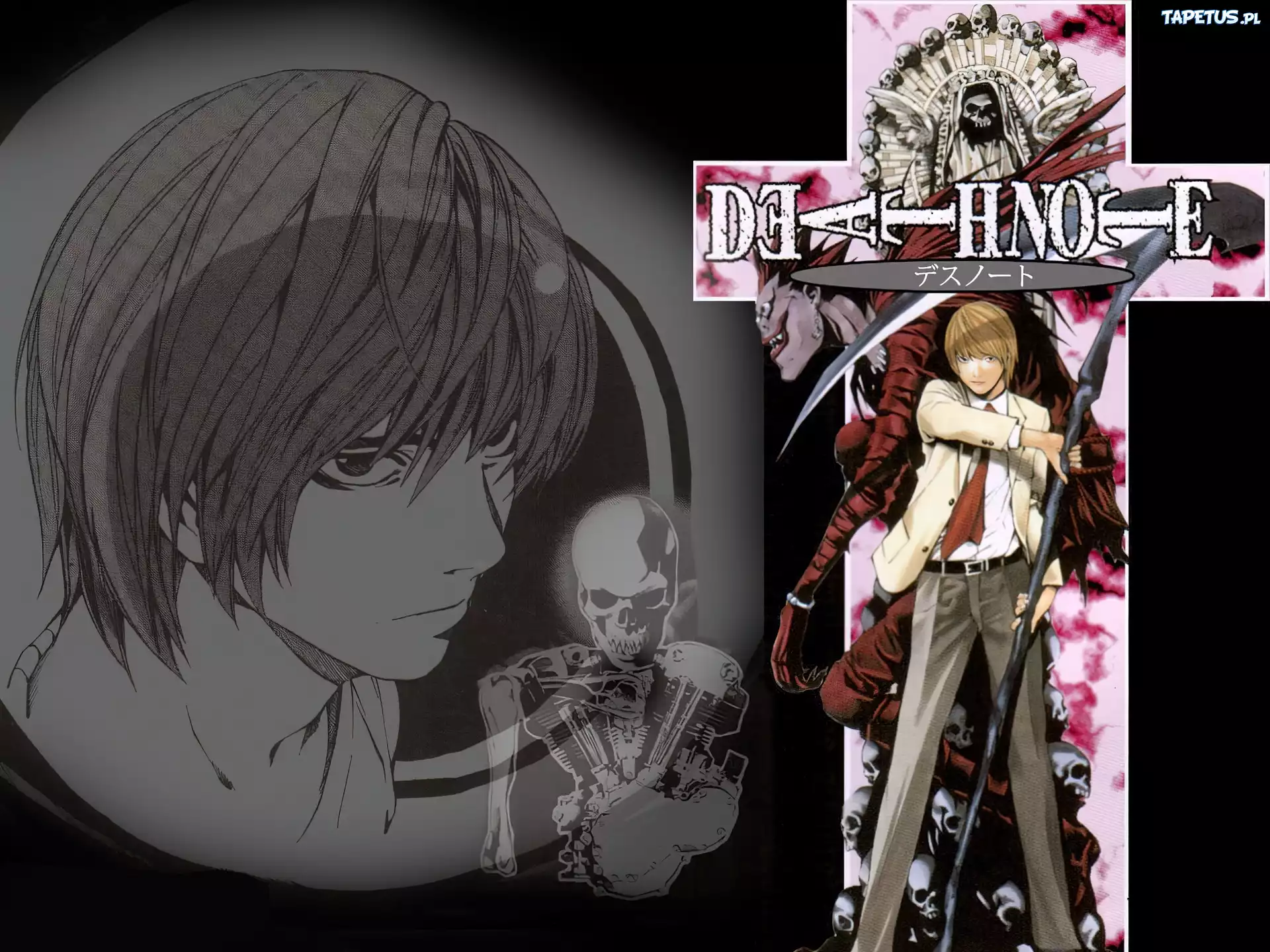 Death Note, czaszka, śmierć, marynarka, kosa, chłopak