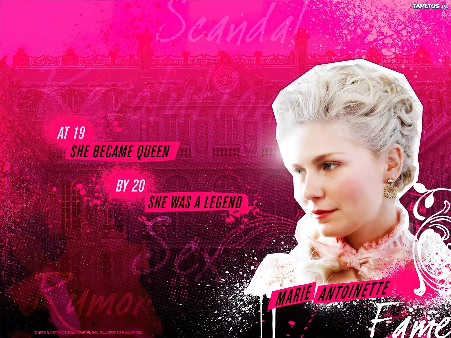 Marie Antoinette, Kirsten Dunst, fryzura, różowe, tło
