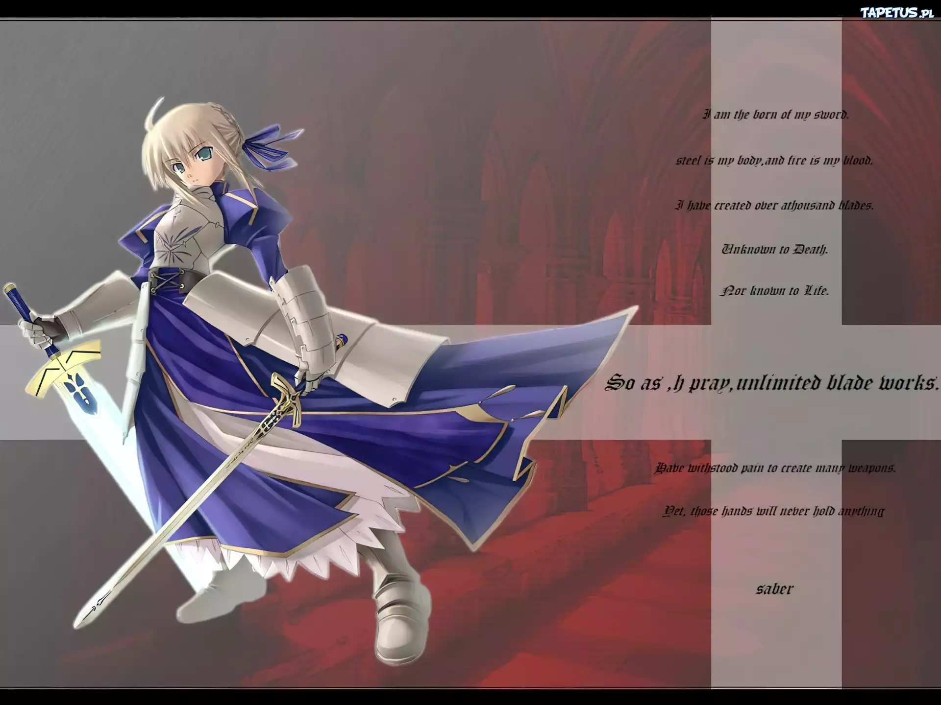 Fate Stay Night, krzyż, dziewczyna, miecz, suknia, zbroja