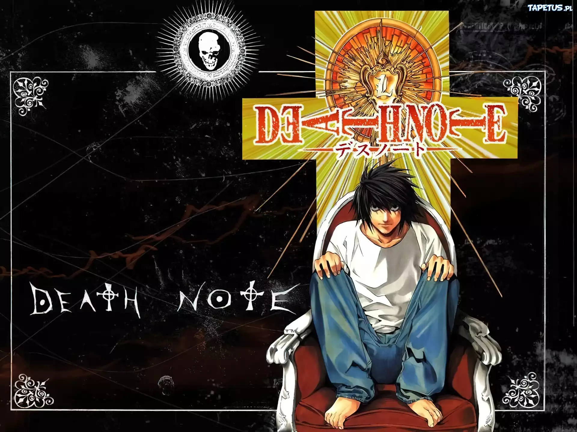 Death Note, krzyż, czaszka, chłopak, fotel, tron