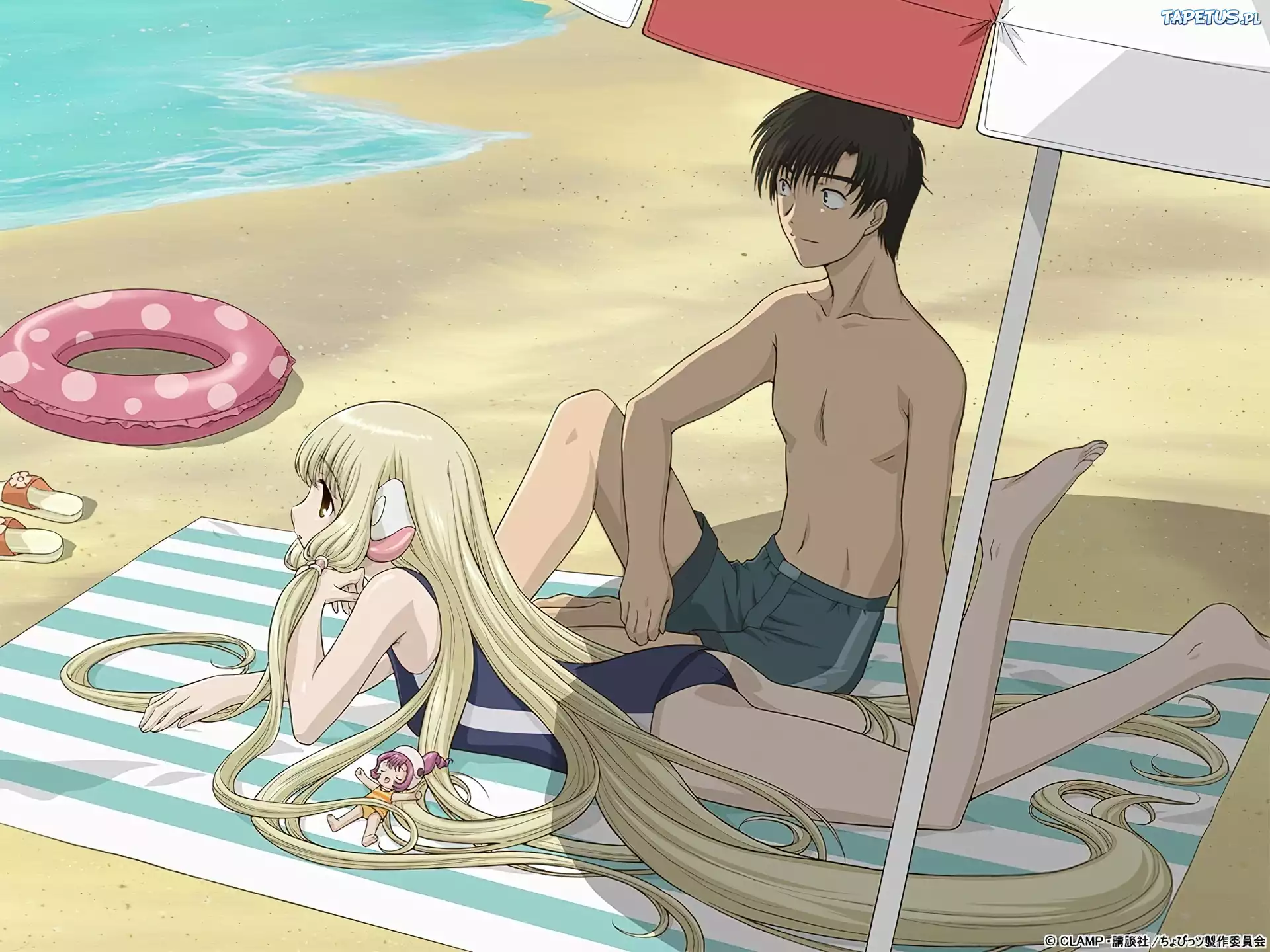 Chobits, plaża, parasol, dziewczyna, chłopak